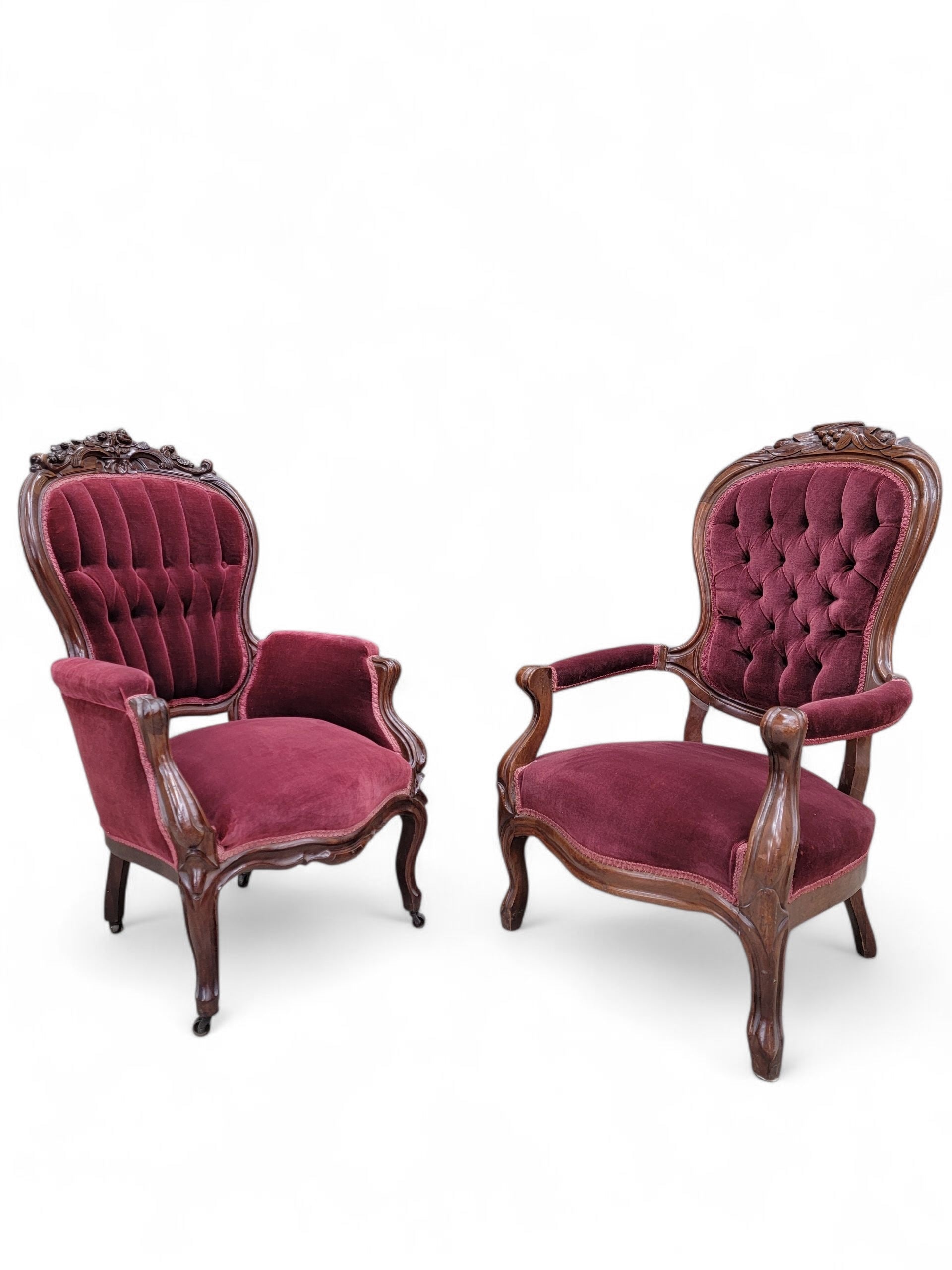 Antique Victorian Rococo Revival Style Carved Tufted Parlor Chairs – Set or 2