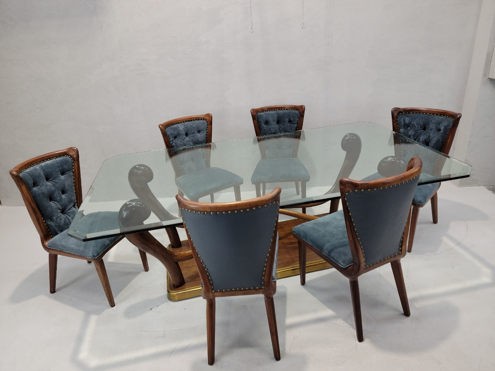 Vintage Italian Art Deco Sculptural Curved Back Dining Chairs Newly Upholstered in a Holly Hunt Blue Suede - Set of 6
