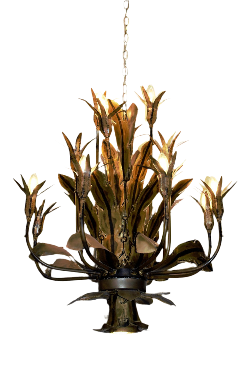 MCM Brutalist Style Torched Brass Chandelier by Tom Greene
