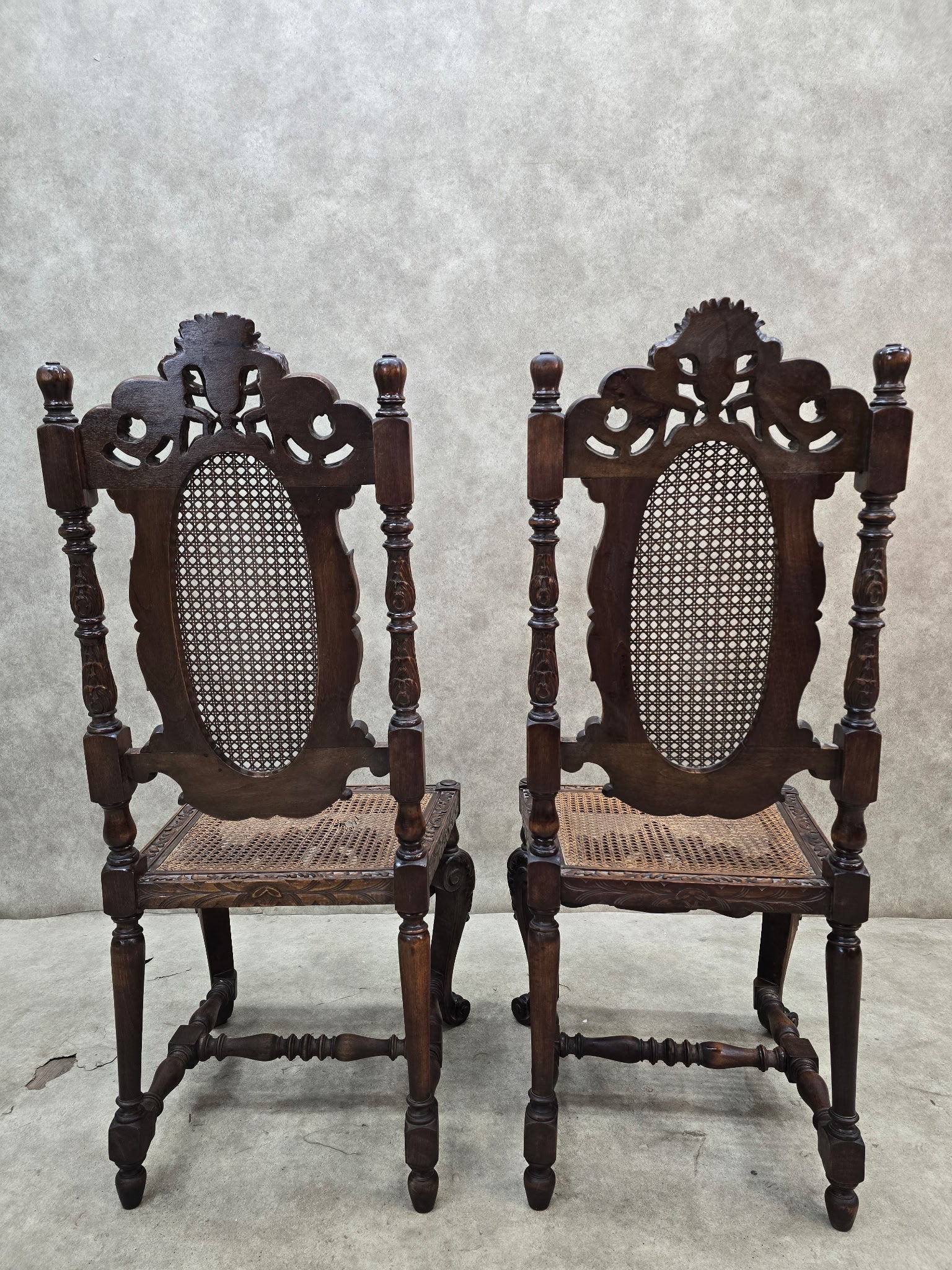 Antique Renaissance Revival Cane Throne Chairs - Pair