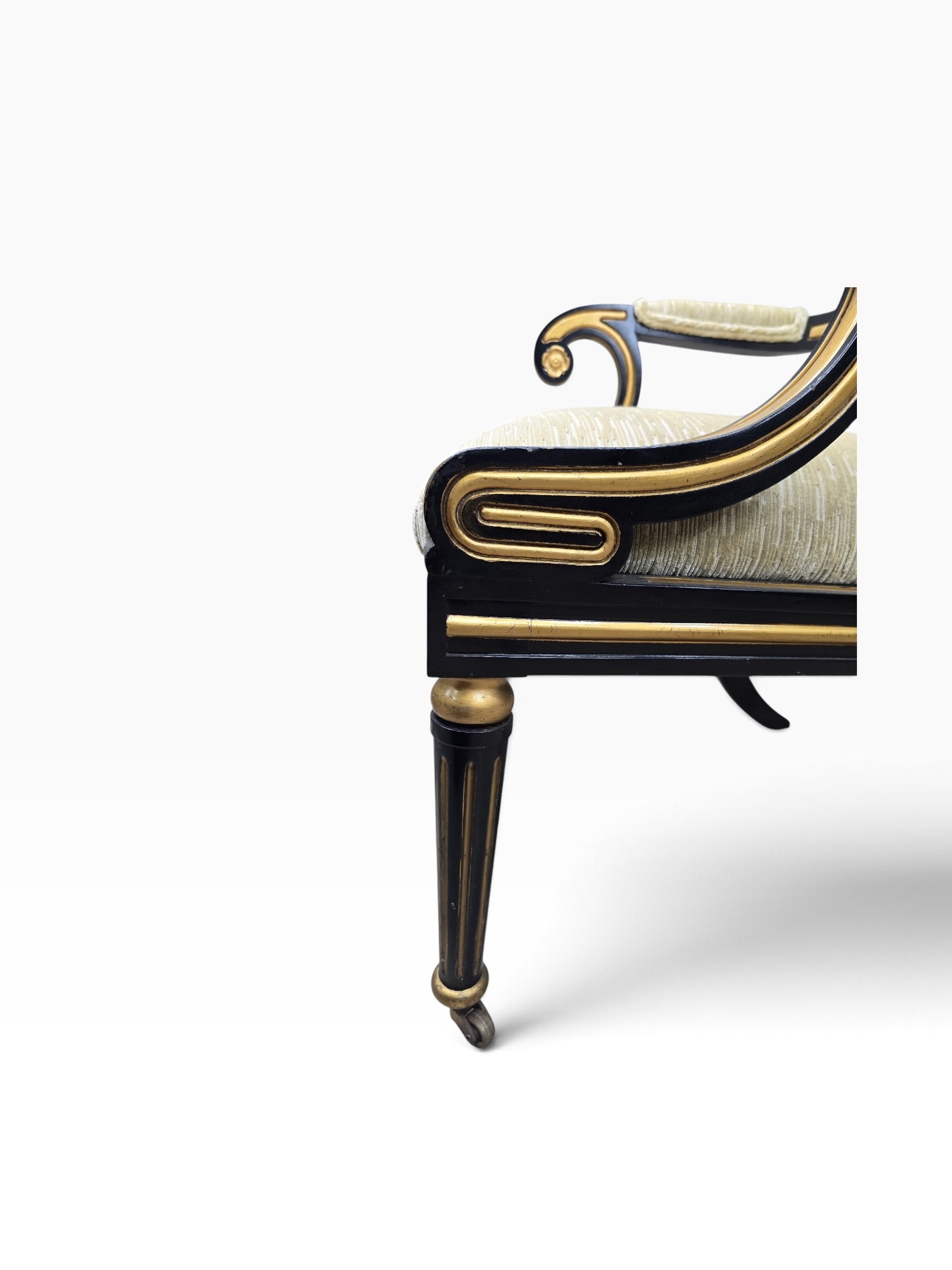 Regency Style Ebonized Armchairs by Baker Newly Reupholstered in a Gold Chenille Fabric - Pair
