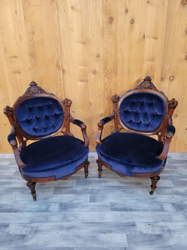 Antique Victorian Eastlake Carved Walnut His/Her Tufted Armchairs Newly Upholstered in Velvet - Pair