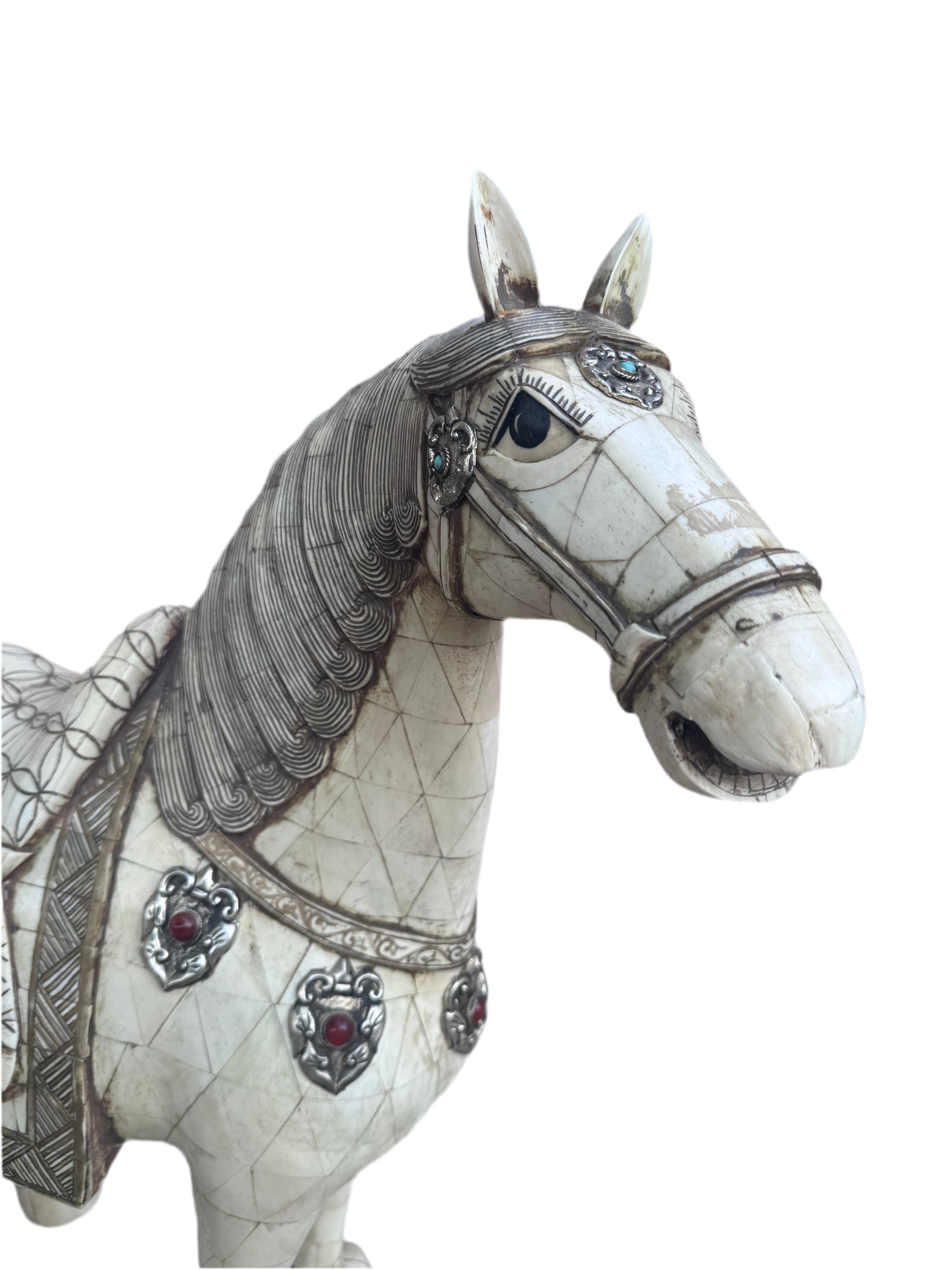 Vintage Tessellated Bone Tile Horse Statue