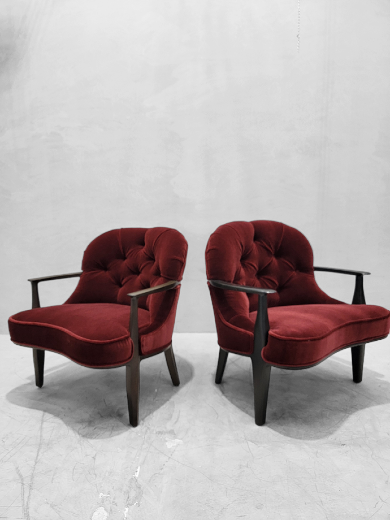 Mid Century Modern Edward Wormley Janus Style Tufted Lounge Chairs Newly Upholstered in Maroon Mohair - Pair