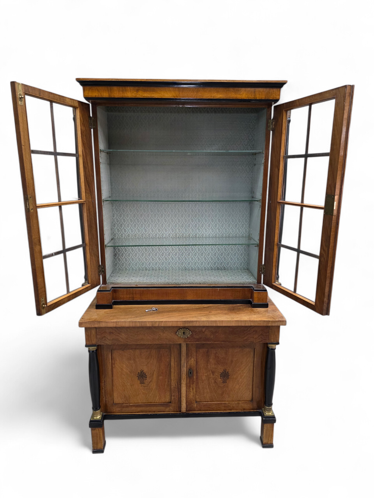 Antique Biedermeier Style Walnut Bookcase Vitrine