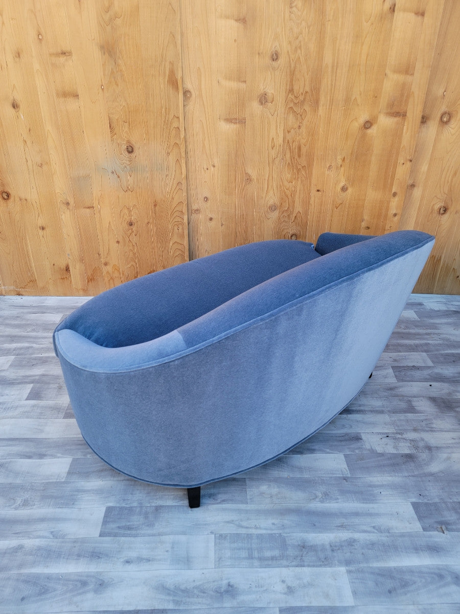 Vintage Modern Deco Curved Settee and Barrel Back Lounge Chair by Interior Crafts Newly Upholstered in a Plush "Ice-Blu" Italian Mohair - 2 Piece Set