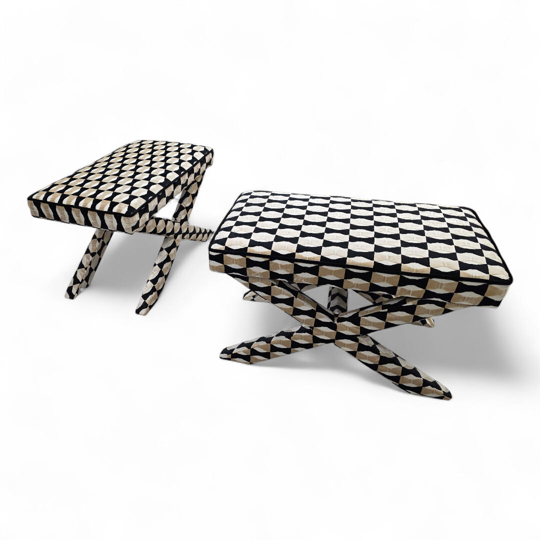 Mid Century Modern Designer X Base Ottoman/Stools Newly Reupholstered- Pair