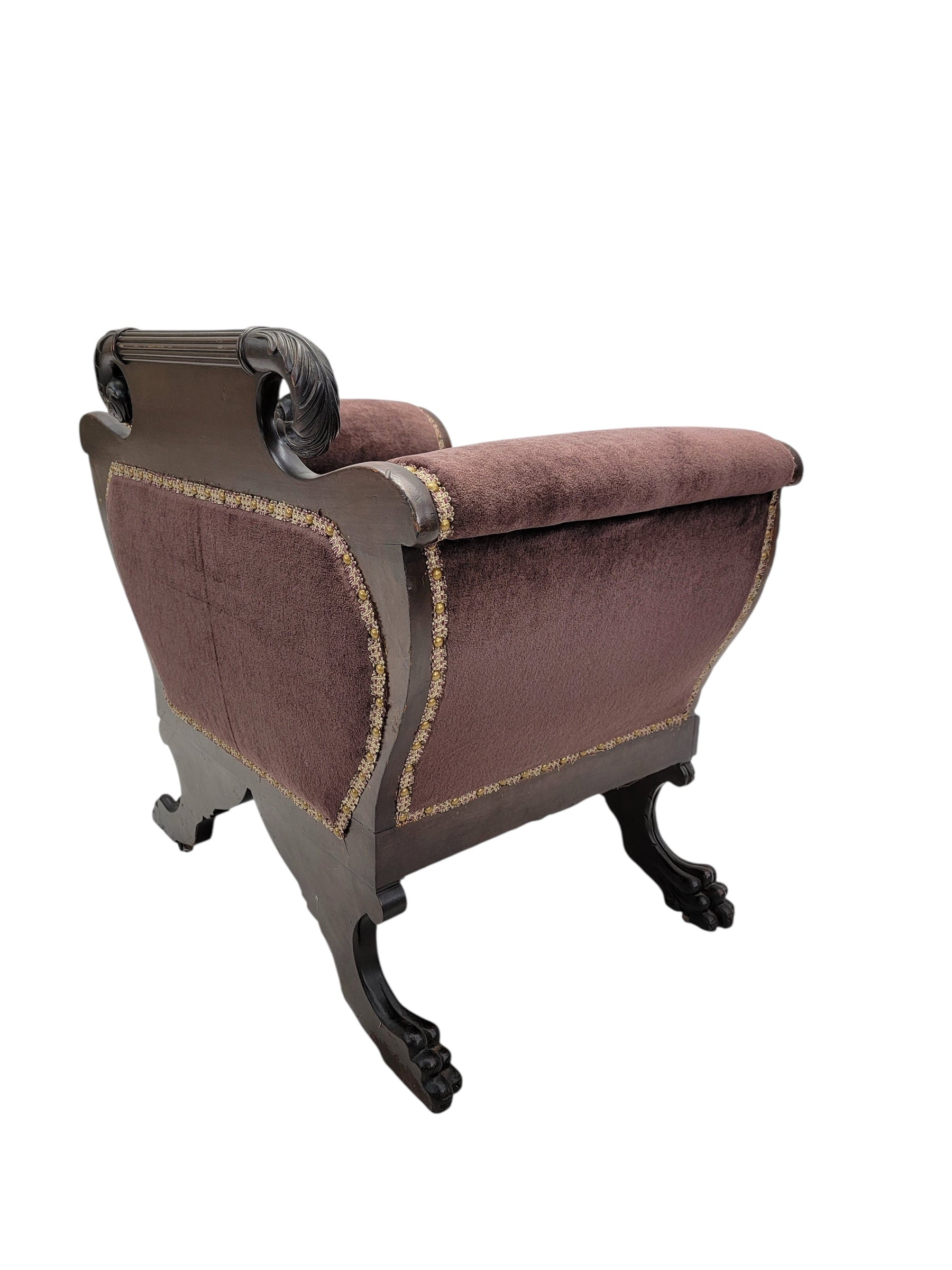 American Empire Mahogany Armchair Newly Reupholstered in Mohair