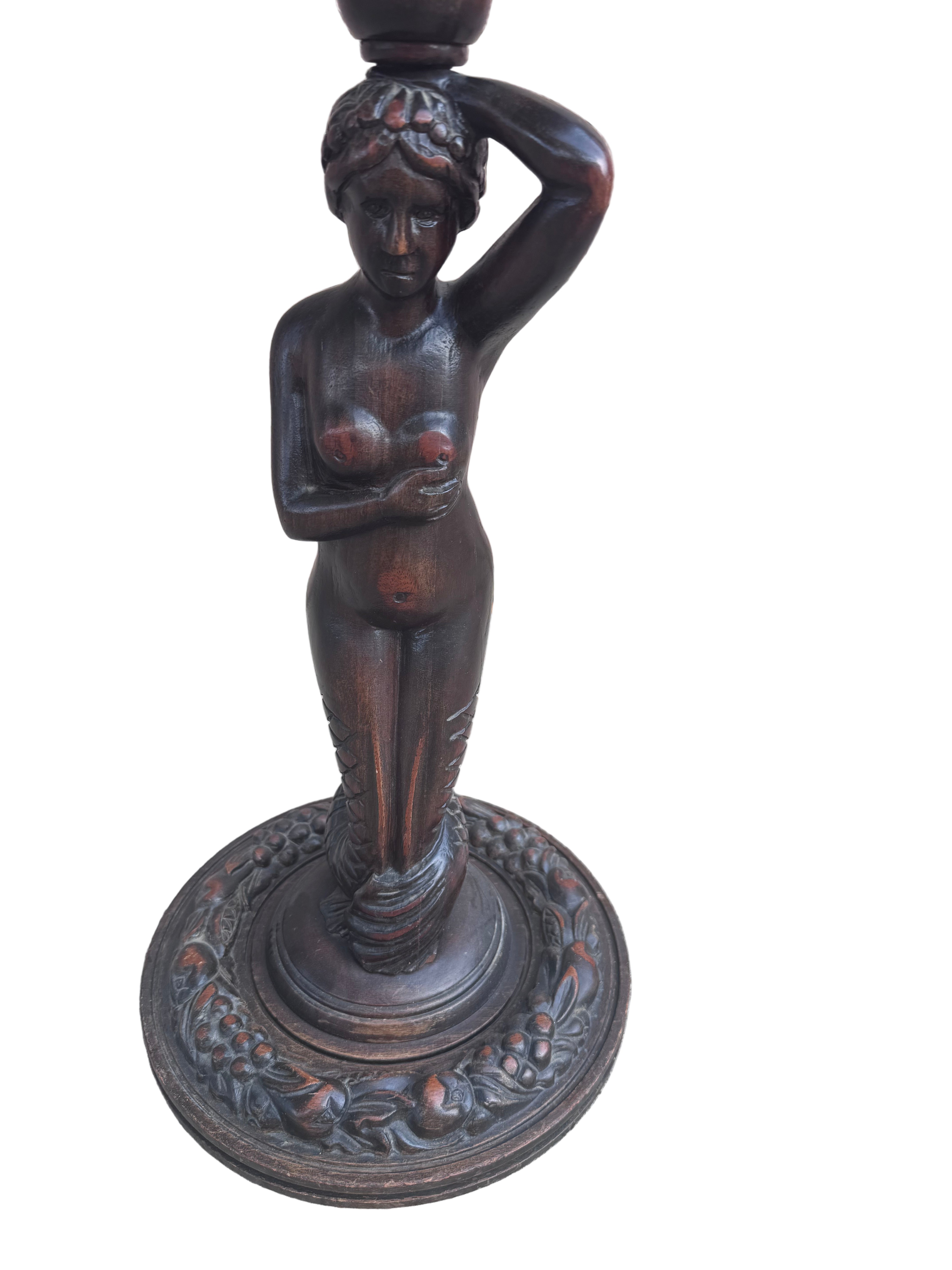 Antique Art Nouveau Style Carved Mahogany Mermaid Foor Ashtray Smoking Stand