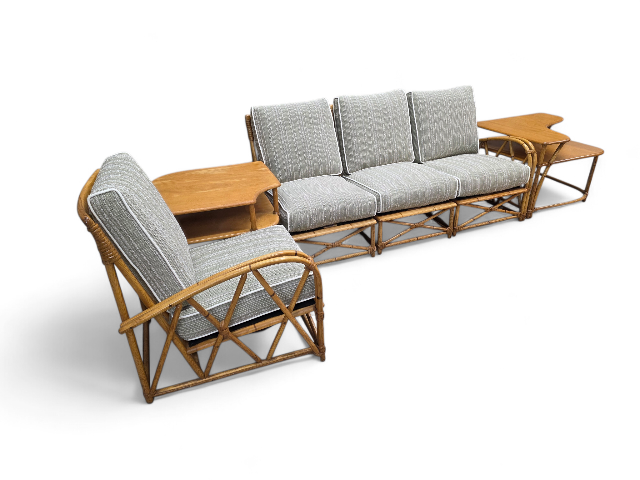 New - Mid Century Modern Coastal Bamboo 4 Piece Modular Sectional Sofa Newly Reupholstered with Two Tier Bamboo Side Tables by Heywood Wakefield