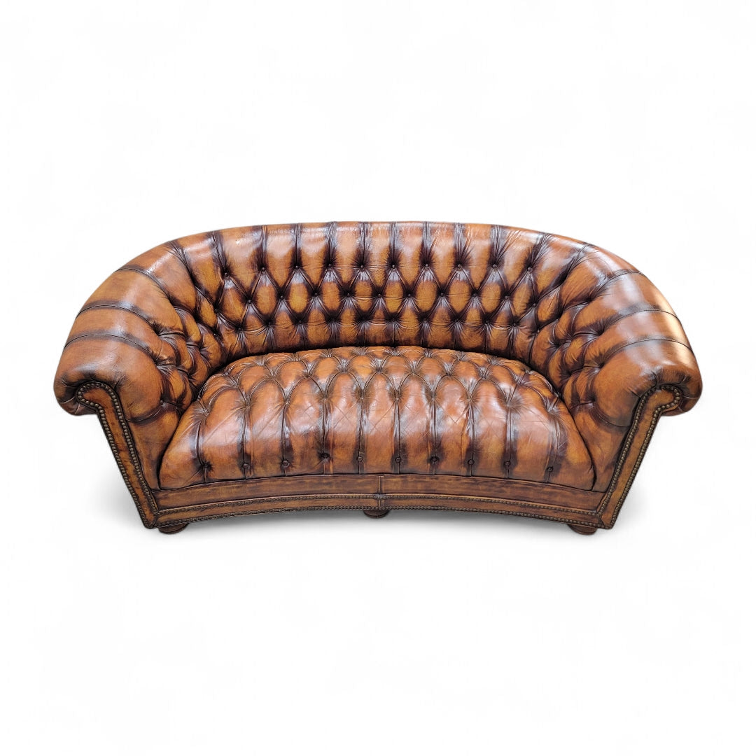 Vintage English Tufted Hand Dyed Distressed Cognac Leather Chesterfield Sofa - Pair