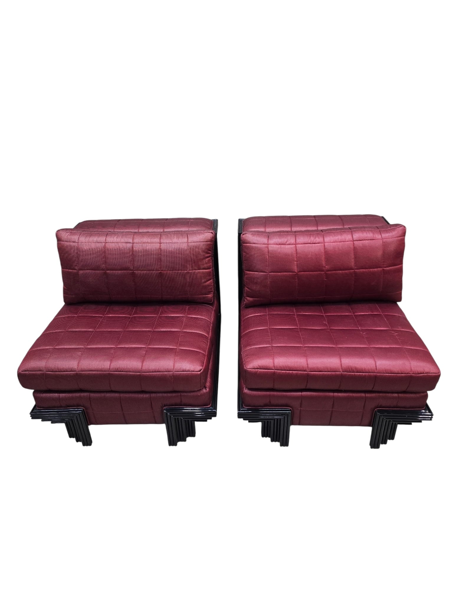 Postmodern Lounge Chairs with Stepped Black Lacquer Bases by Interior Crafts