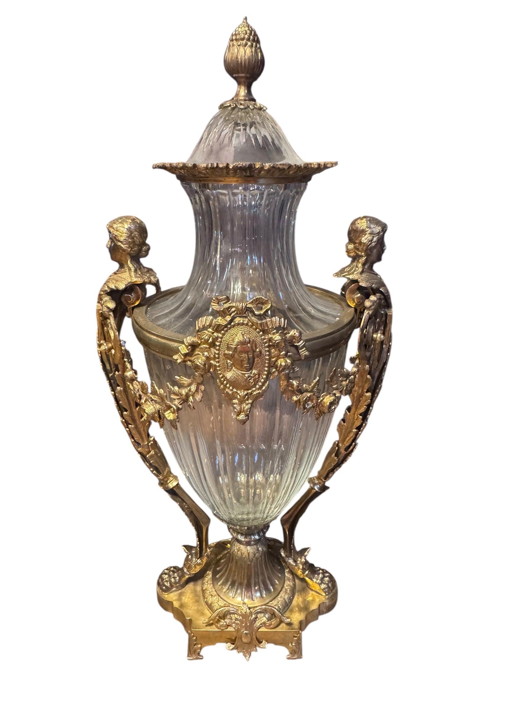 Antique French Gilt Bronze Diamond Cut Baccarat Crystal Urns Signed - Pair