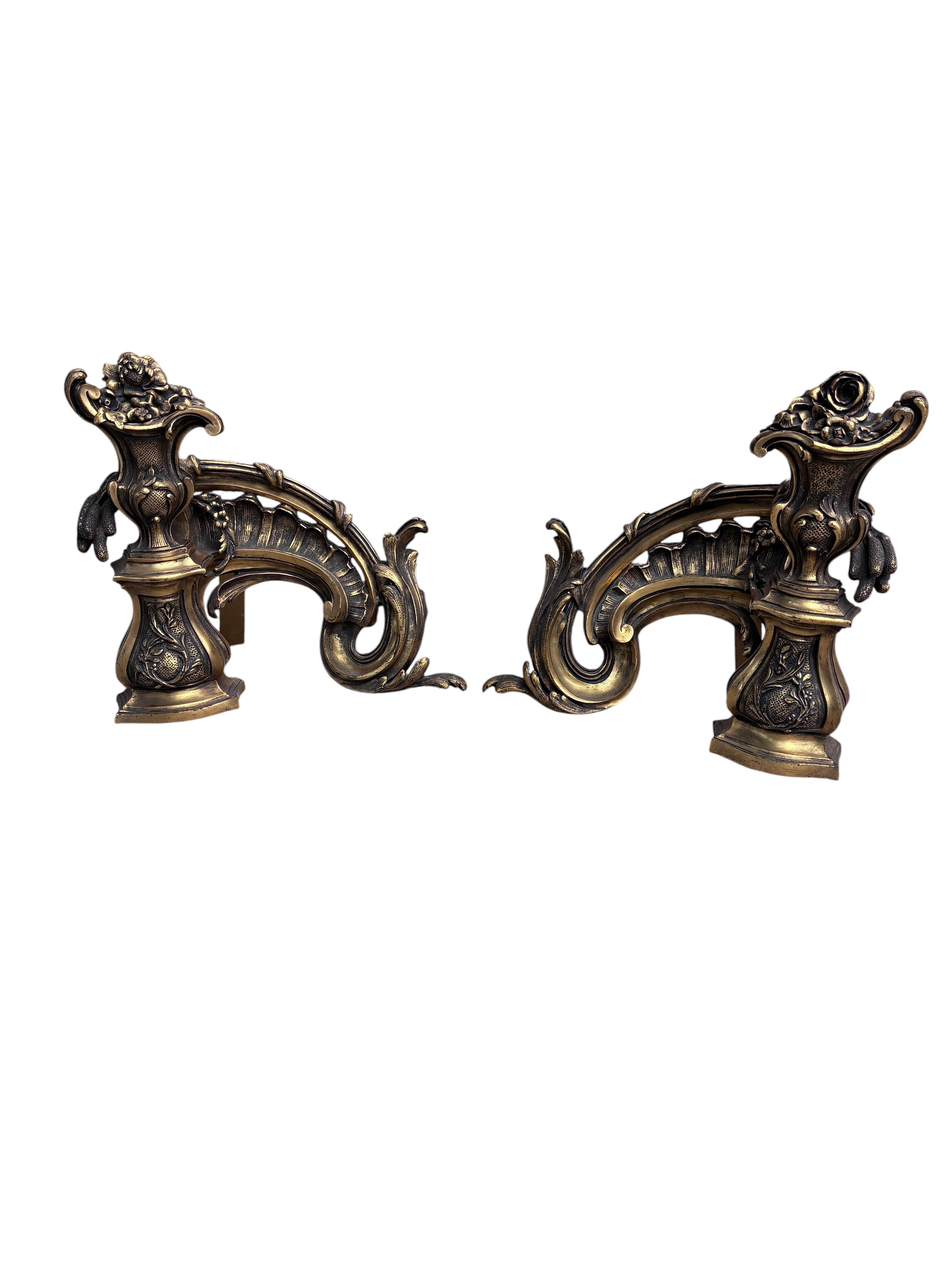 Antique French Rococo Revival Bronze Chenets Andirons – Pair