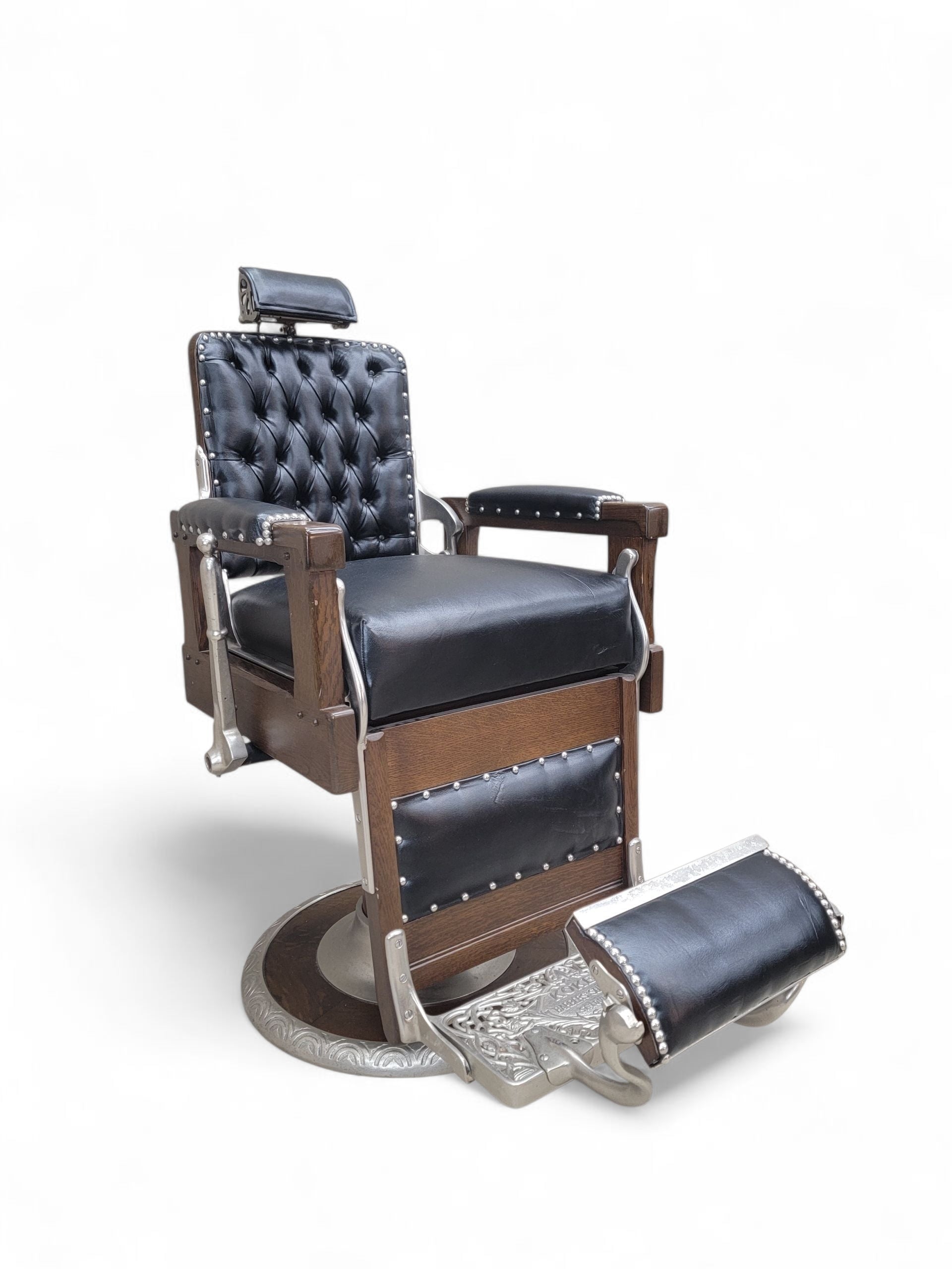 Antique Koken Restored Quartersawn Oak Barber Chairs in Black Leather – Set of 3