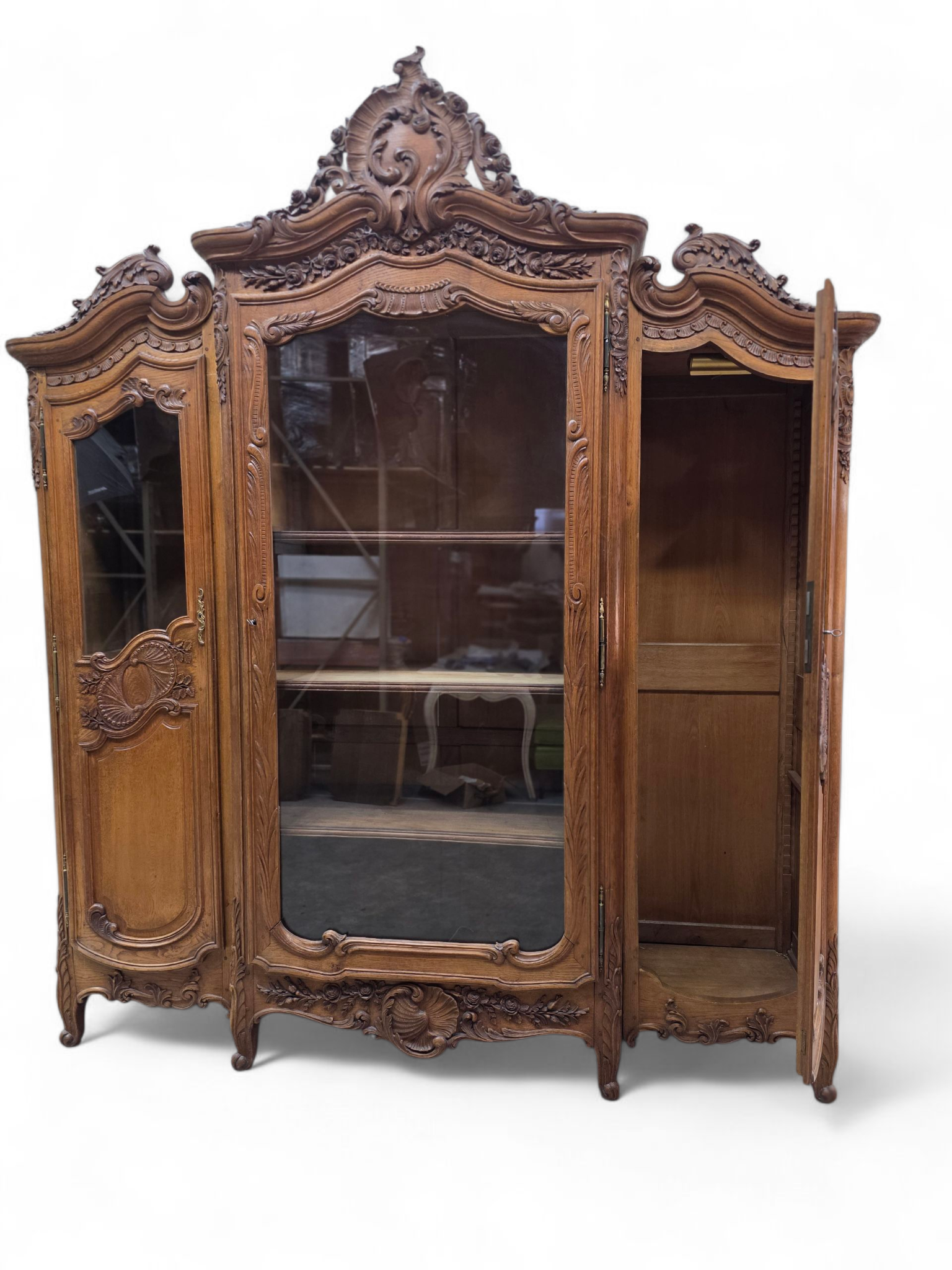Antique French Louis XV Style Hand-Carved Walnut Vitrine Bookcase