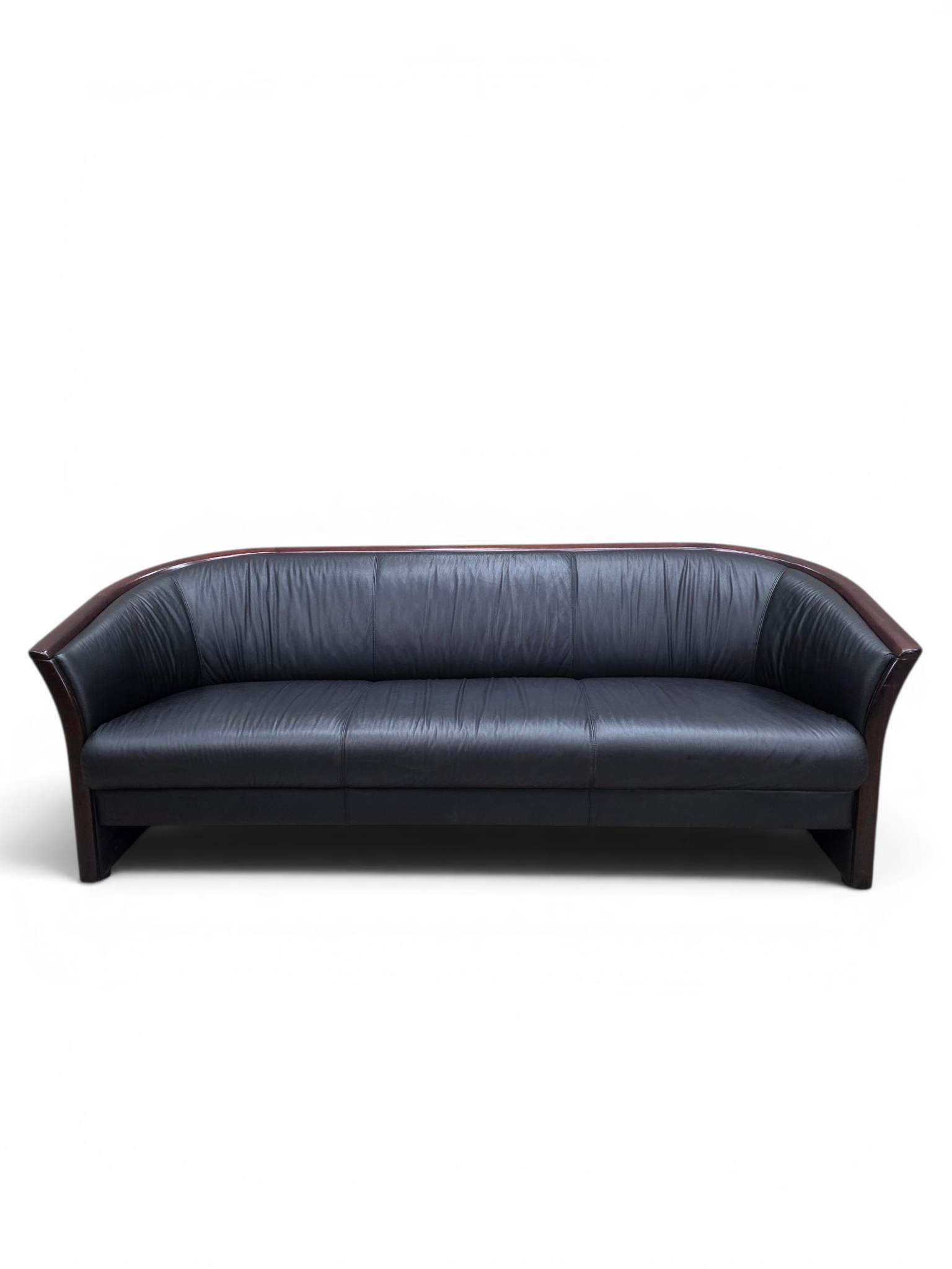 Vintage Ekornes Scandinavian Modern Black Leather Sofa with Rosewood Accents