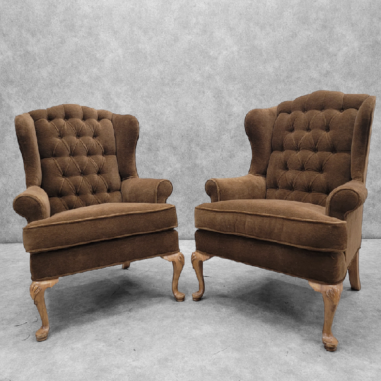 Vintage Henredon Wingback Tufted Back Lounge Chairs Newly Reupholstered in Dark Camel Alpaca Mohair - Pair