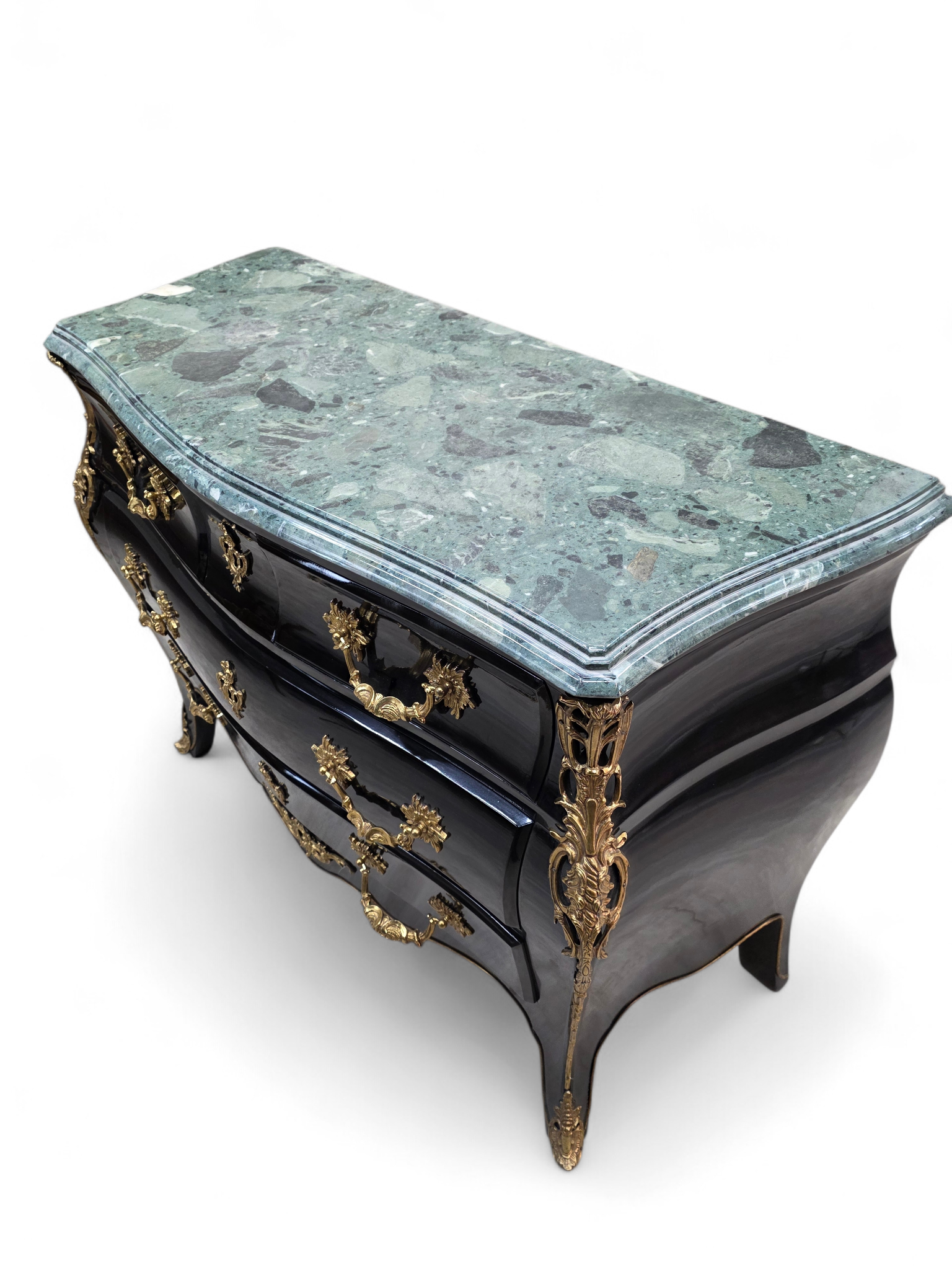 Vintage French Louis XV Style Black Lacquer Bombe Commode