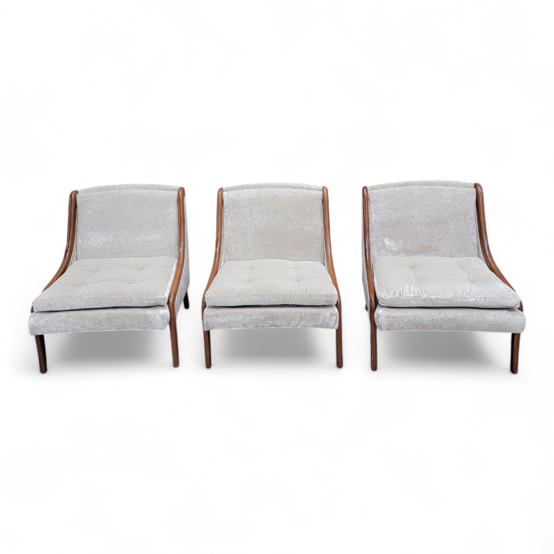 Mid Century Modern Ben Seibel Slipper Chairs Set Newly Upholstered in Velvet - 3 Piece Set