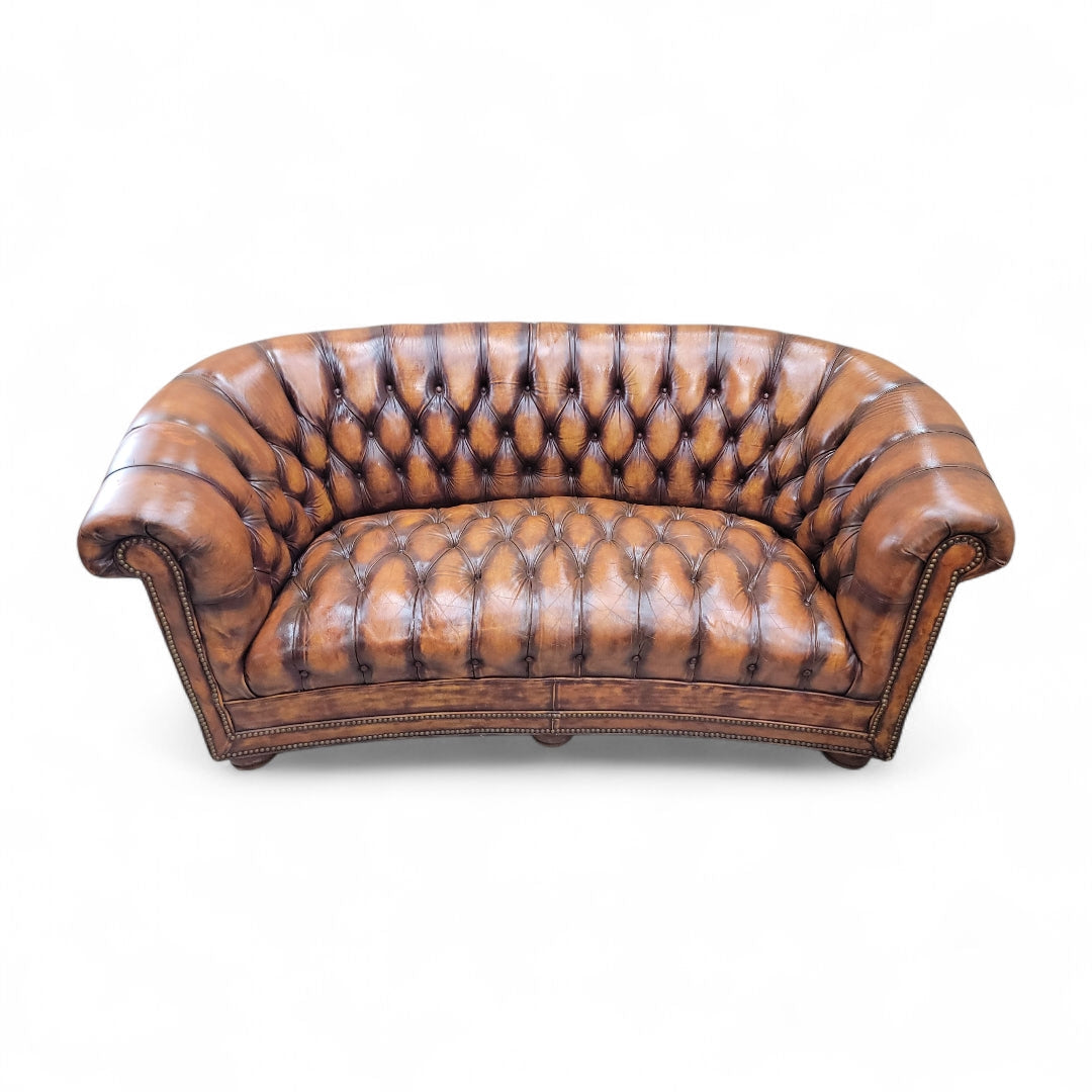 Vintage English Tufted Hand Dyed Distressed Cognac Leather Chesterfield Sofa - Pair