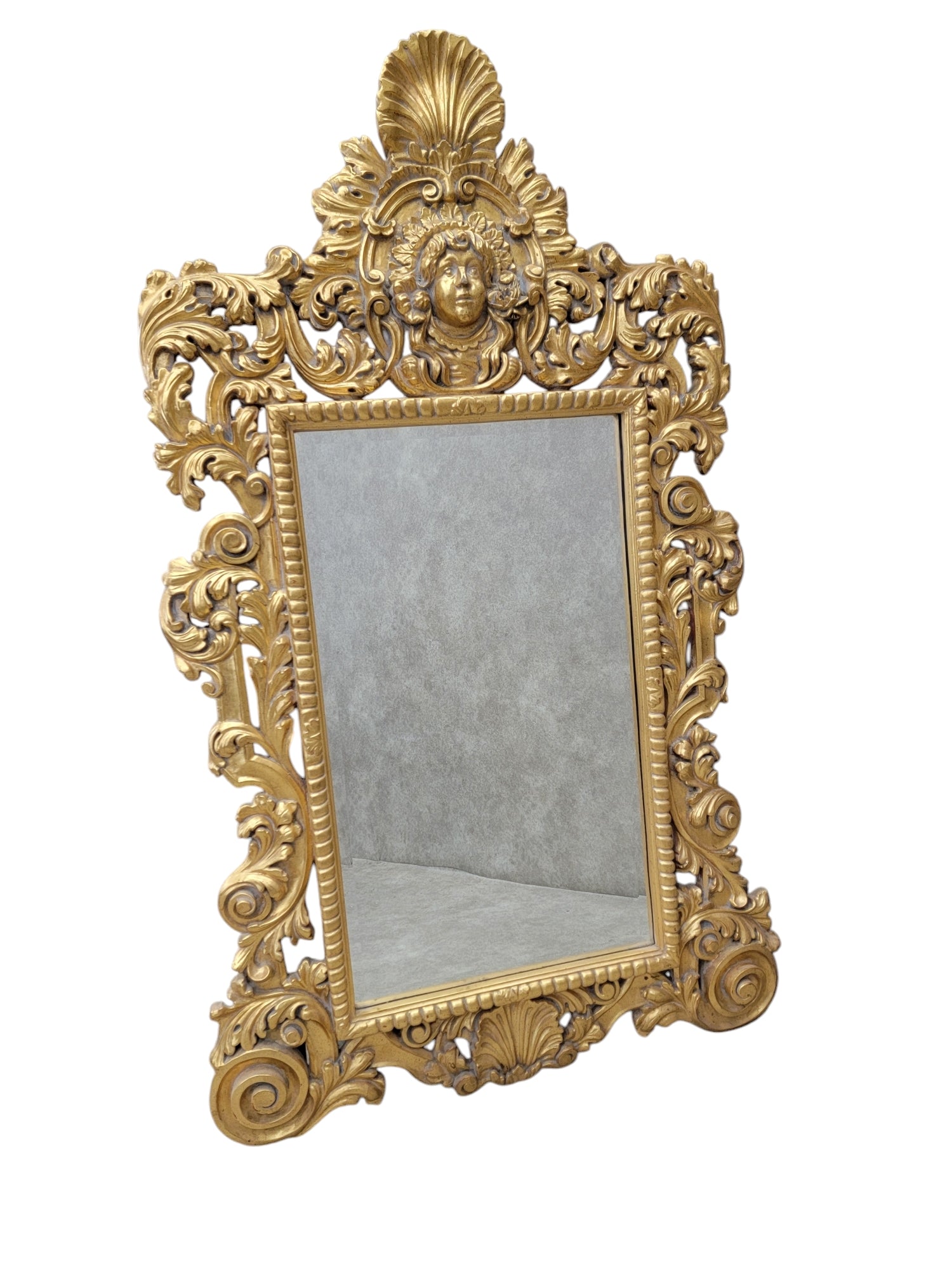 Vintage Hollywood Regency Italian Versace Style Carved Ornate Gold Gilded Figural Beveled Wall Mirror