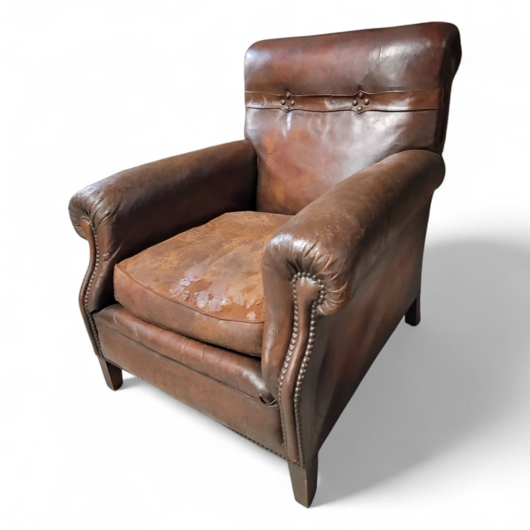 French Art Deco Distressed Leather Club Chair