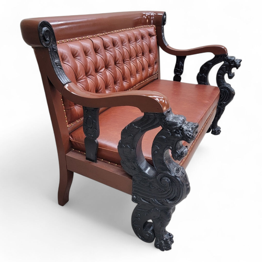 Antique R.J. Horner Style Carved Winged Griffin Tufted Parlor Set Newly Restored & Reupholstered in Leather - 3 Piece Set