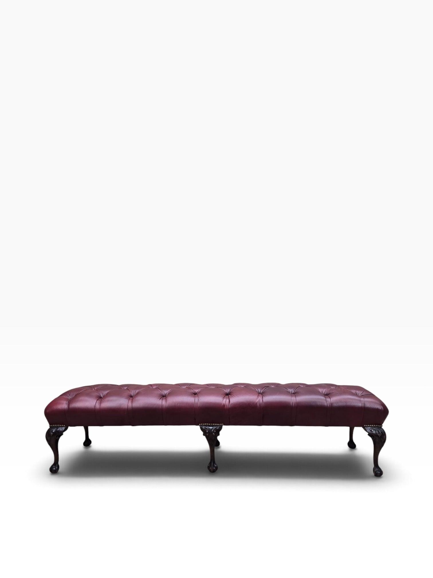 Chippendale Style Carved Mahogany Ball & Claw Six Leg Tufted Hall/Dining Bench Newly Reupholstered in Cabernet Leather - Pair