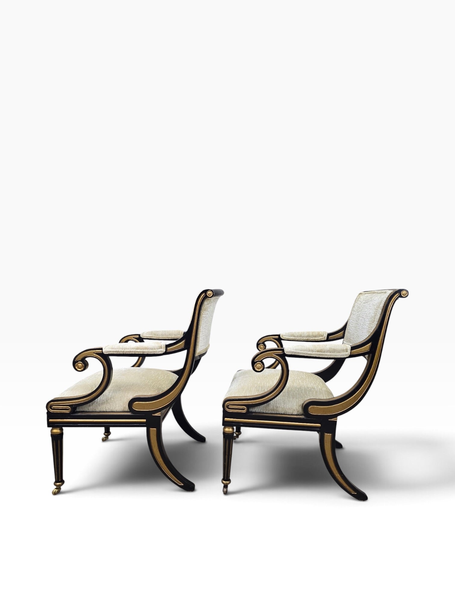 Regency Style Ebonized Armchairs by Baker Newly Reupholstered in a Gold Chenille Fabric - Pair