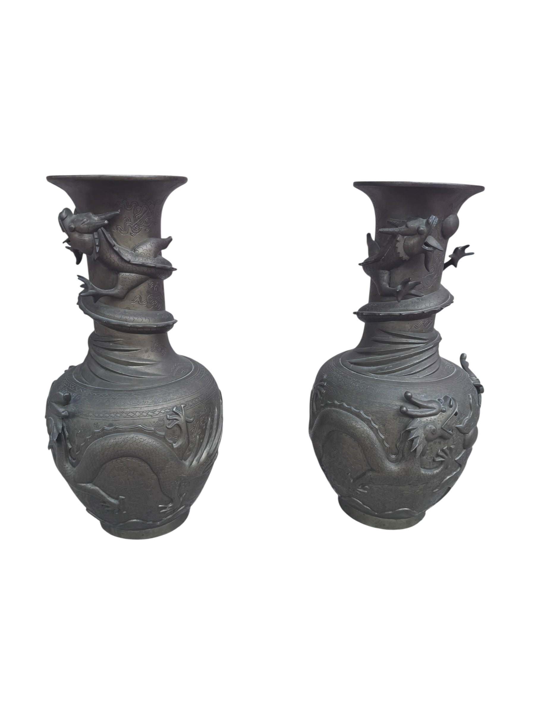 Antique Signed Asian Bronze Dragon Vase - Pair