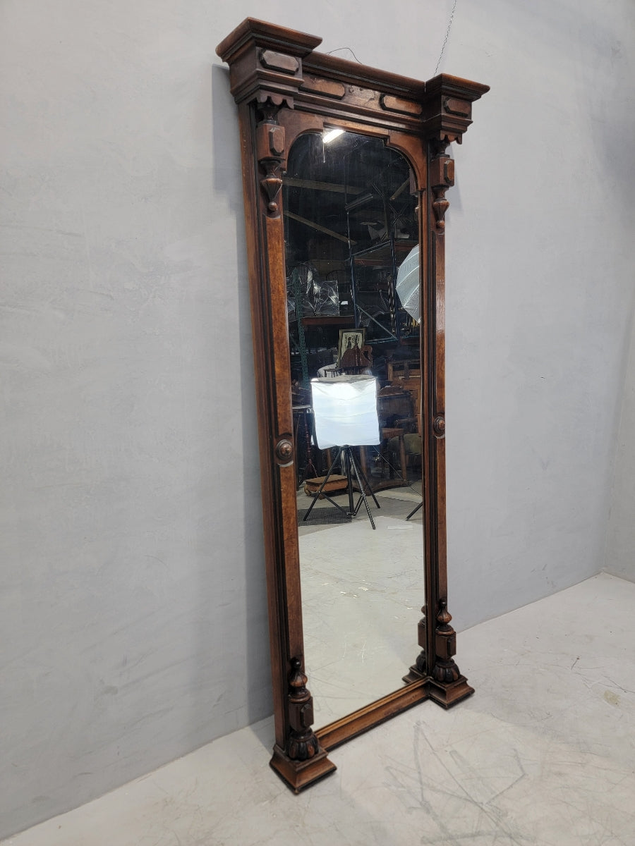 Antique American Eastlake Style Victorian Walnut & Burl Walnut Pier Mirror with a Carrera Marble Top Base Stand - 2 Piece Set