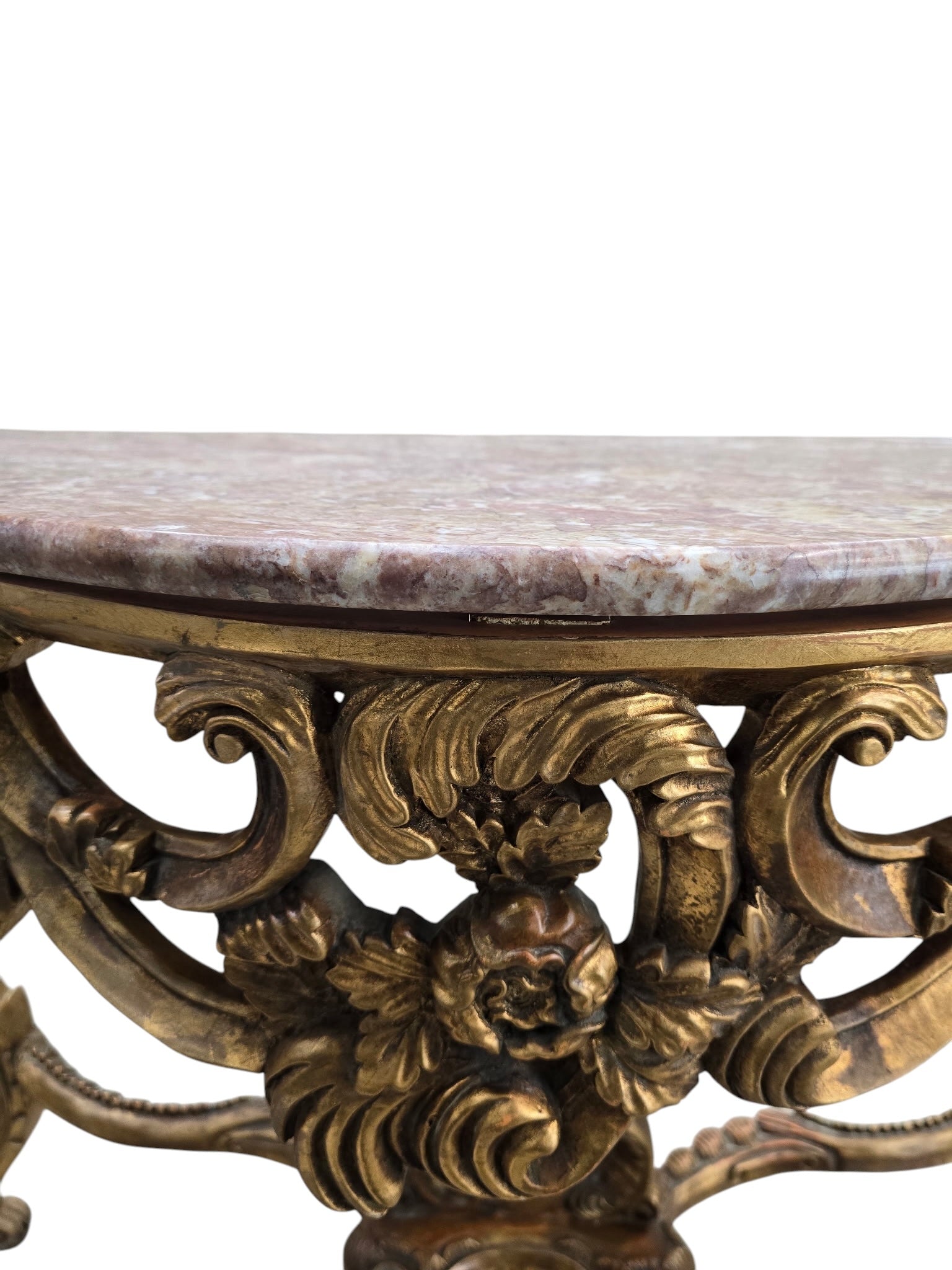 Antique Louis XV Style Carved Console Table with Pink Marble Top