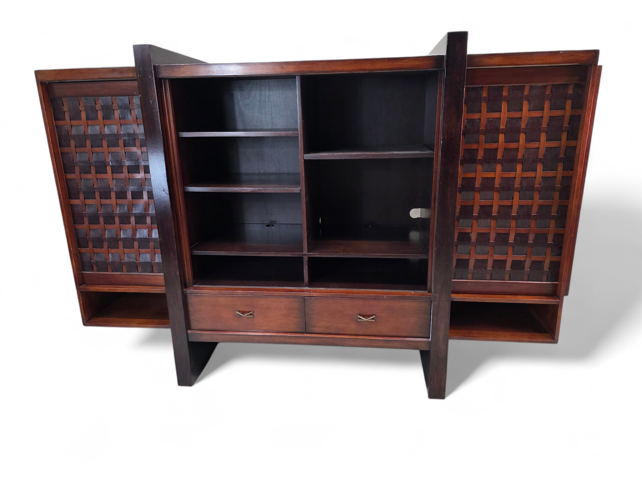Vintage Modern Mahogany Media Console with Sliding Woven Doors by South Cone