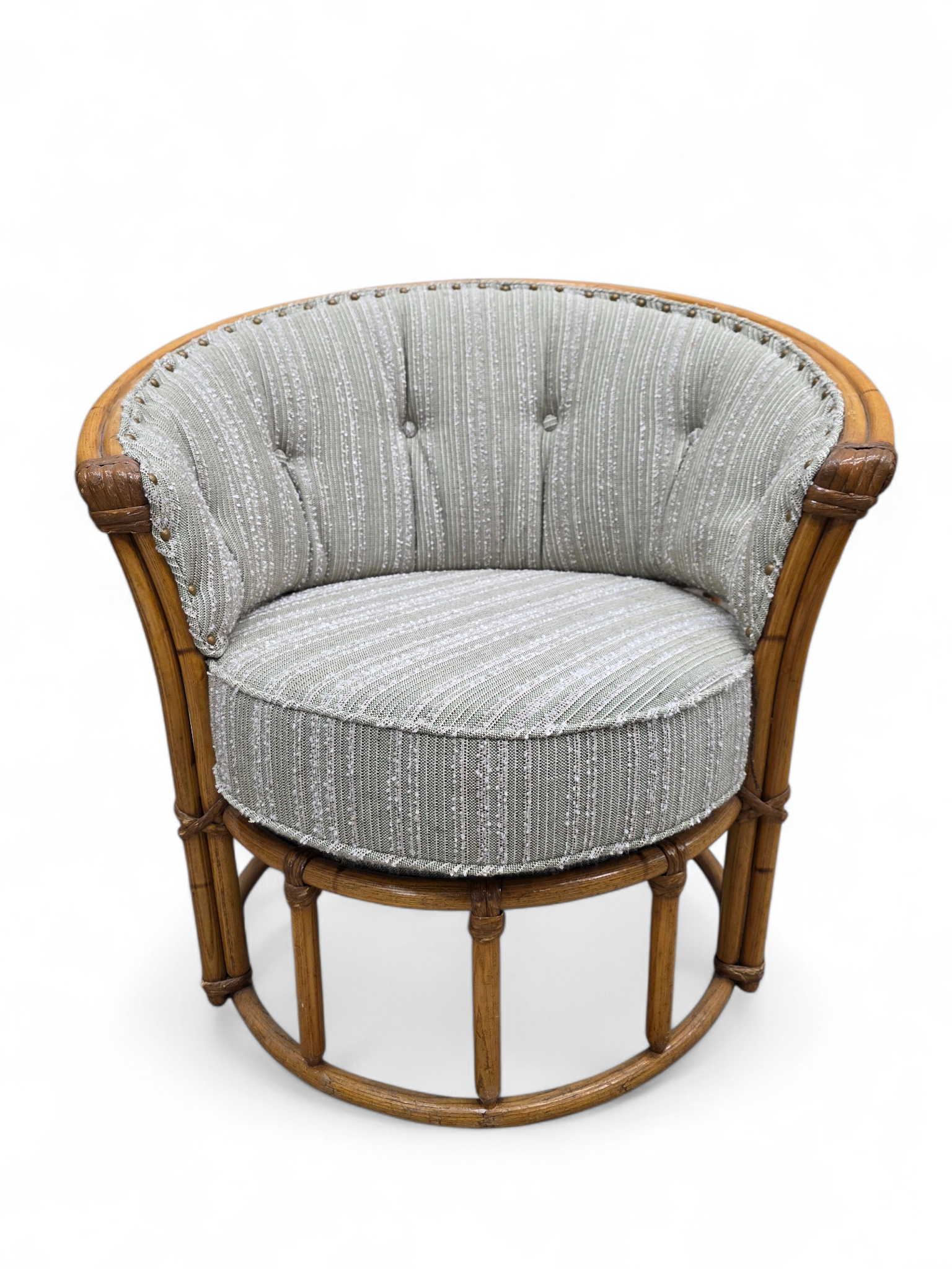 MCM Heywood Wakefield “Ashcraft” Bamboo Style Rattan Chairs Newly Reupholstered – Pair