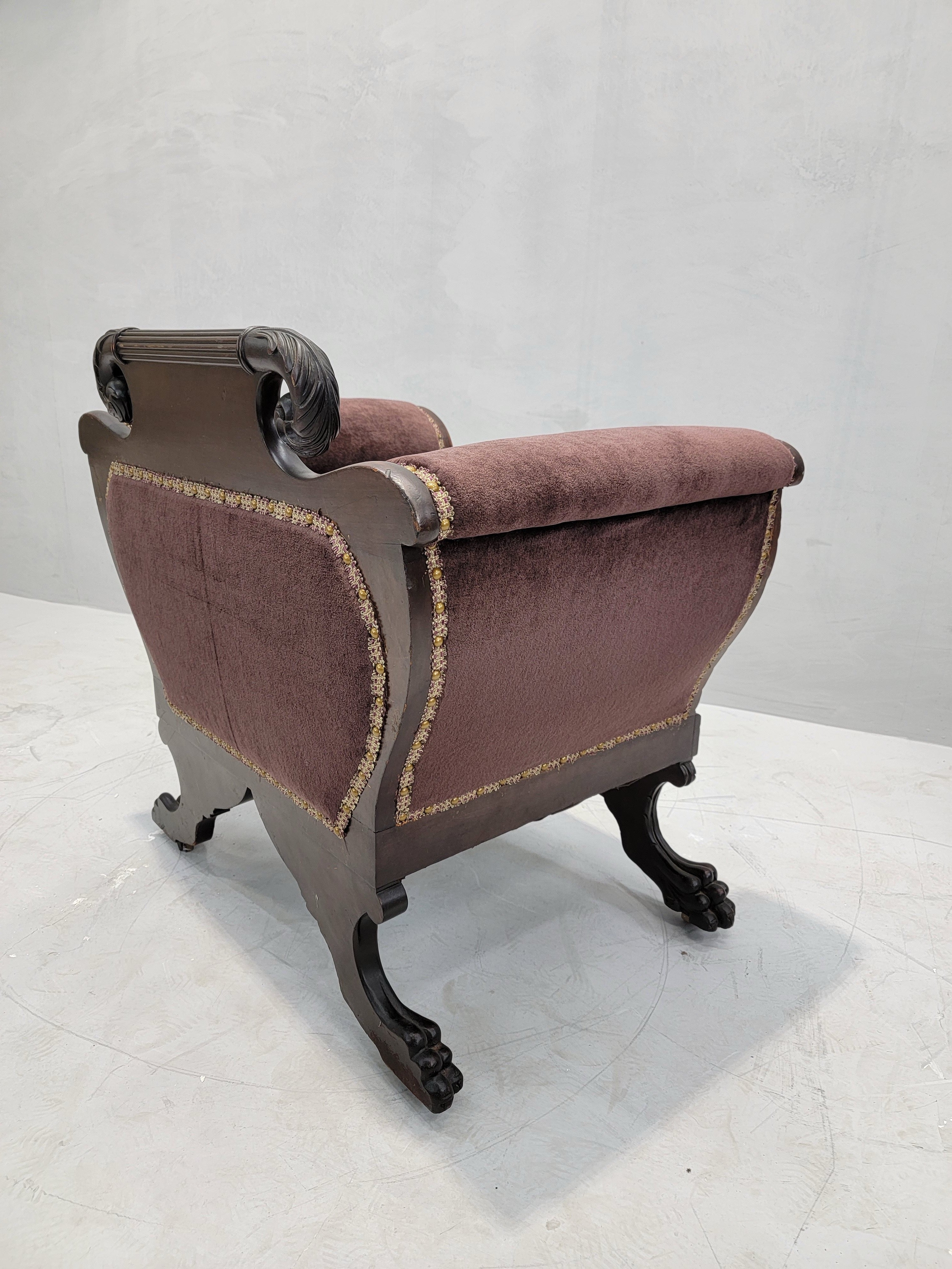 American Empire Mahogany Armchair Newly Reupholstered in Mohair