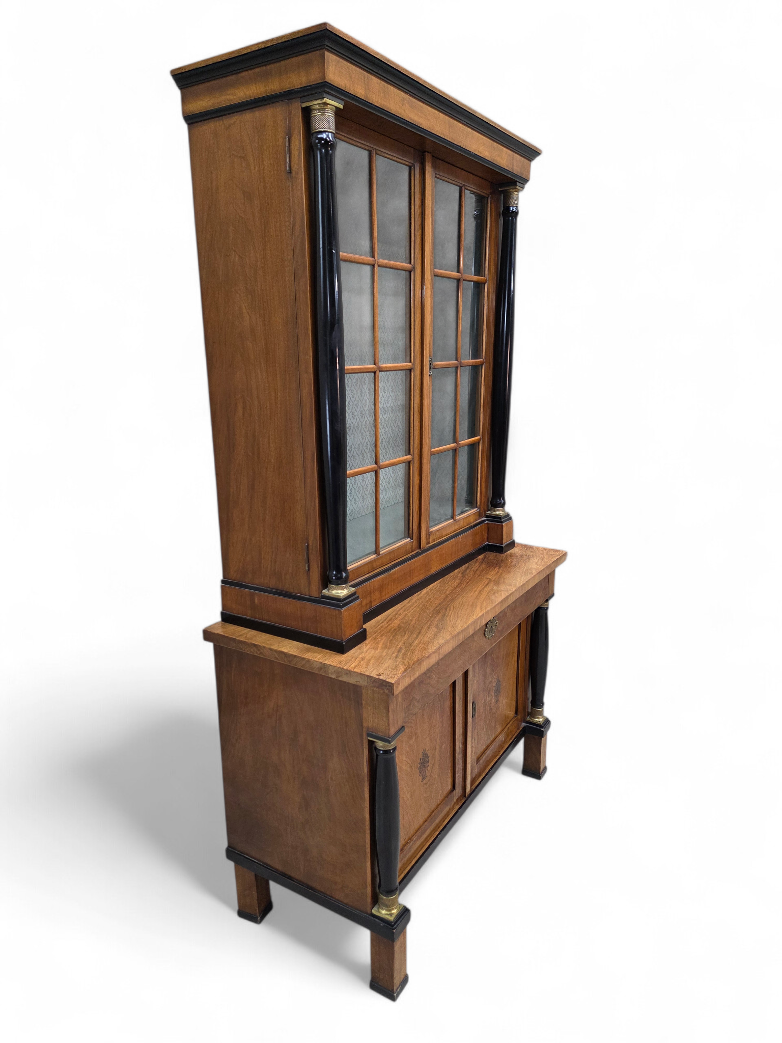 Antique Biedermeier Style Walnut Bookcase Vitrine