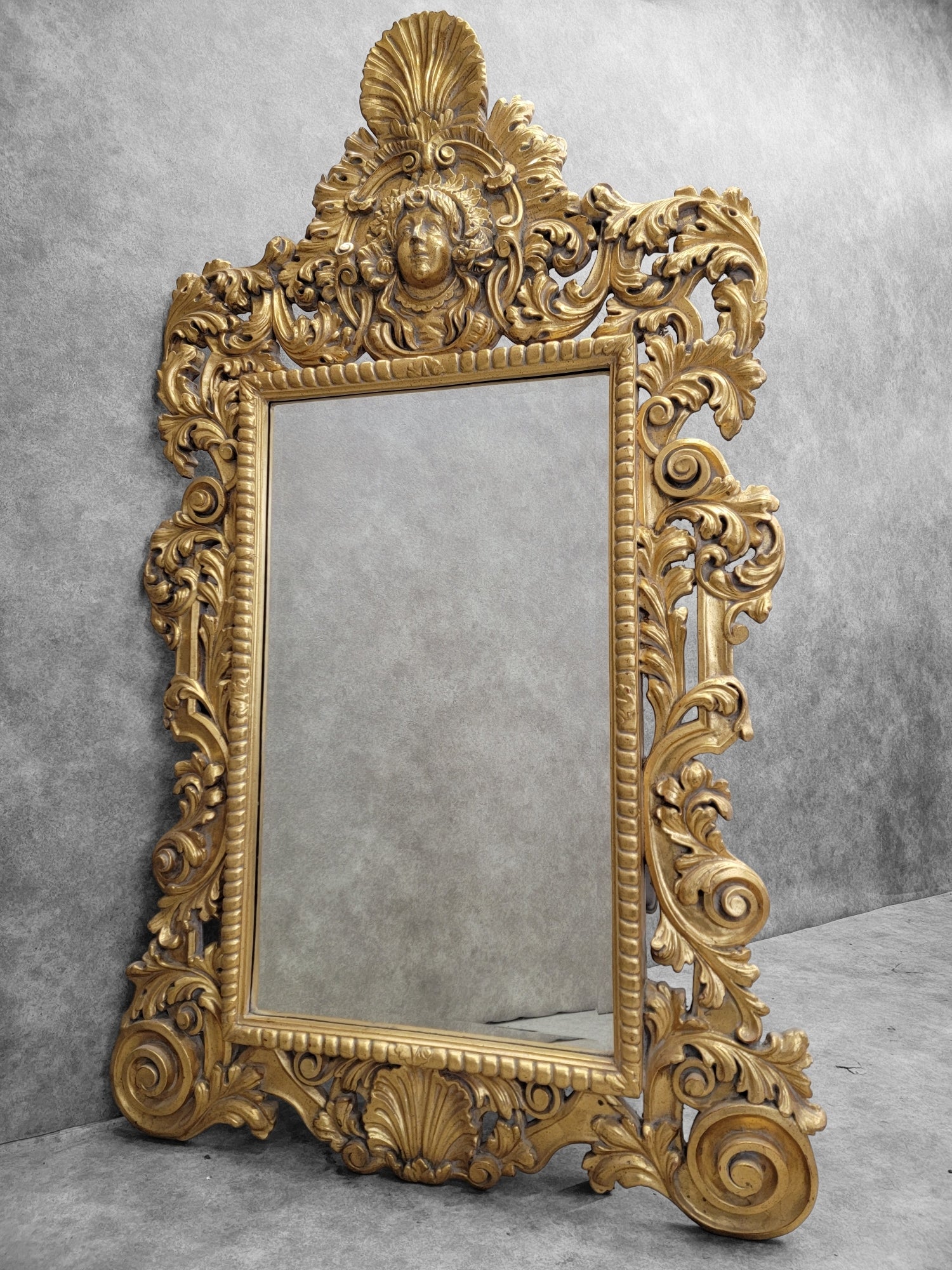 Vintage Hollywood Regency Italian Versace Style Carved Ornate Gold Gilded Figural Beveled Wall Mirror