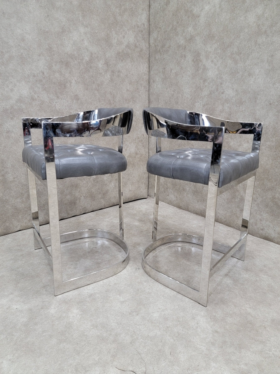 Vintage Modern Chrome Curved Back Tufted Bar Stools in Steel Grey Italian Leather - Pair