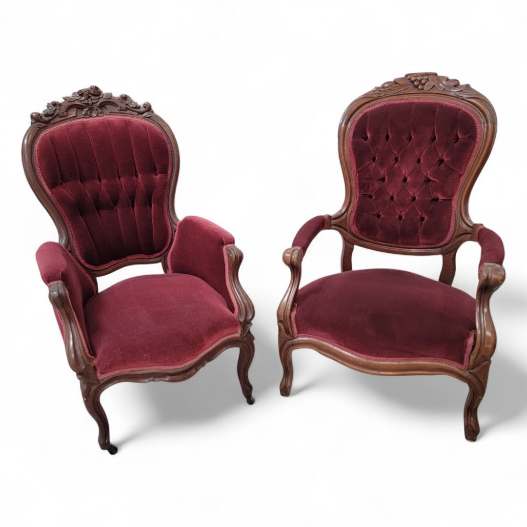 Antique Victorian Rococo Revival Style Carved Tufted Parlor Chairs – Set or 2