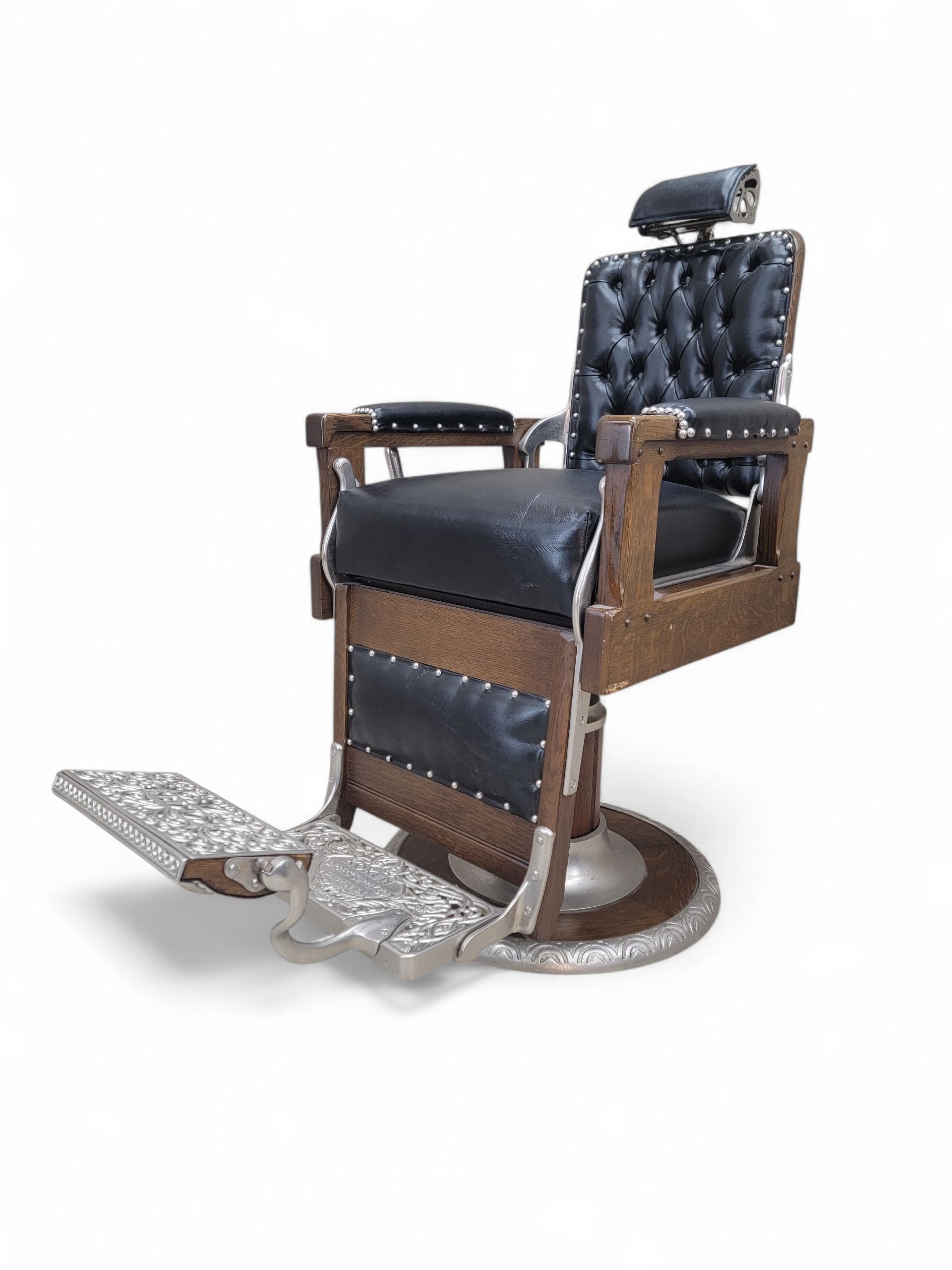 Antique Koken Restored Quartersawn Oak Barber Chairs in Black Leather – Set of 3