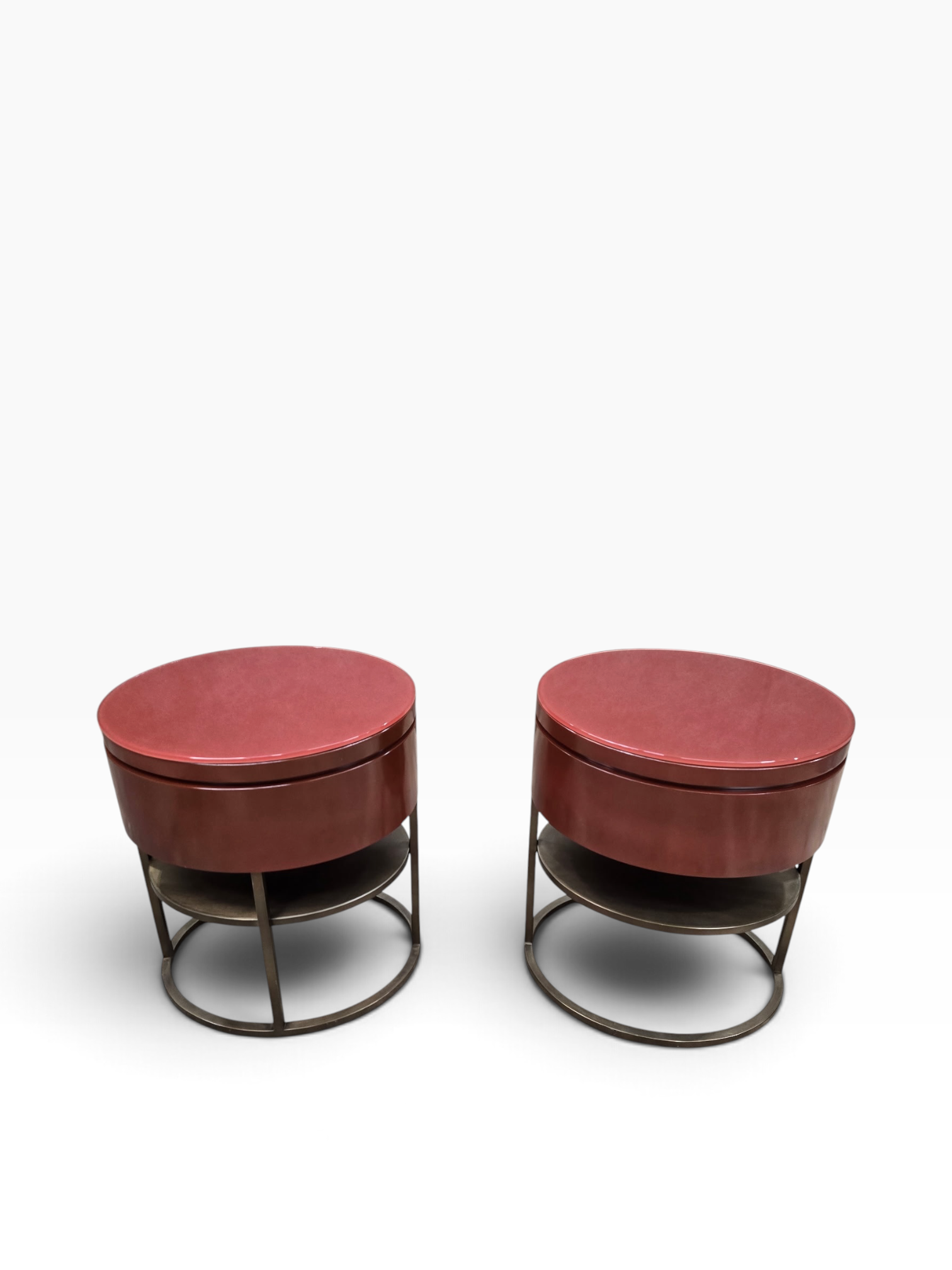 Samuelson Red Lacquered Oval Side Tables with Glass Tops & Brass Finish Stands – Pair