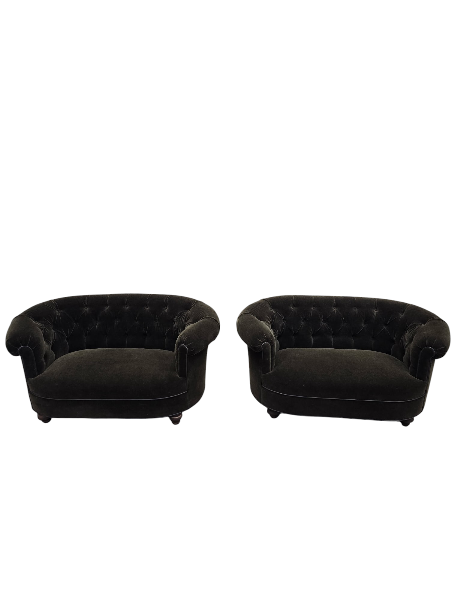 NEW - Hollywood Regency Tufted Barrel Back Loveseats Newly Reupholstered in Dark Chocolate Mohair – Pair