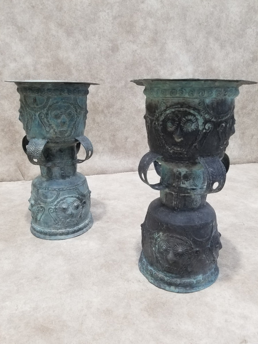 HOLD - Antique Balinese Hammered Bronze Rain Drum Garden Stool/Plant Stand - Set of 2