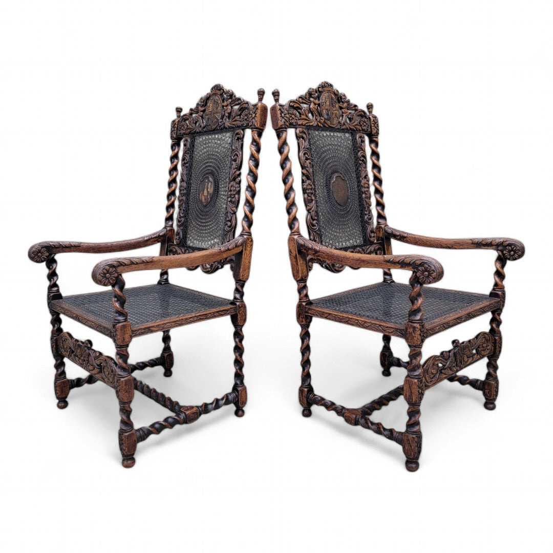 Antique French Jacobean/Renaissance Revival Carved Ornate Figural Throne Chairs - Pair