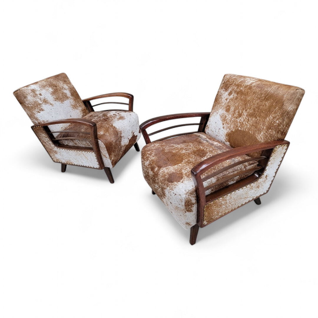 Vintage French Art Deco Arched Wood Bridge Arm Lounge Chairs Newly Upholstered in Cowhide - Pair