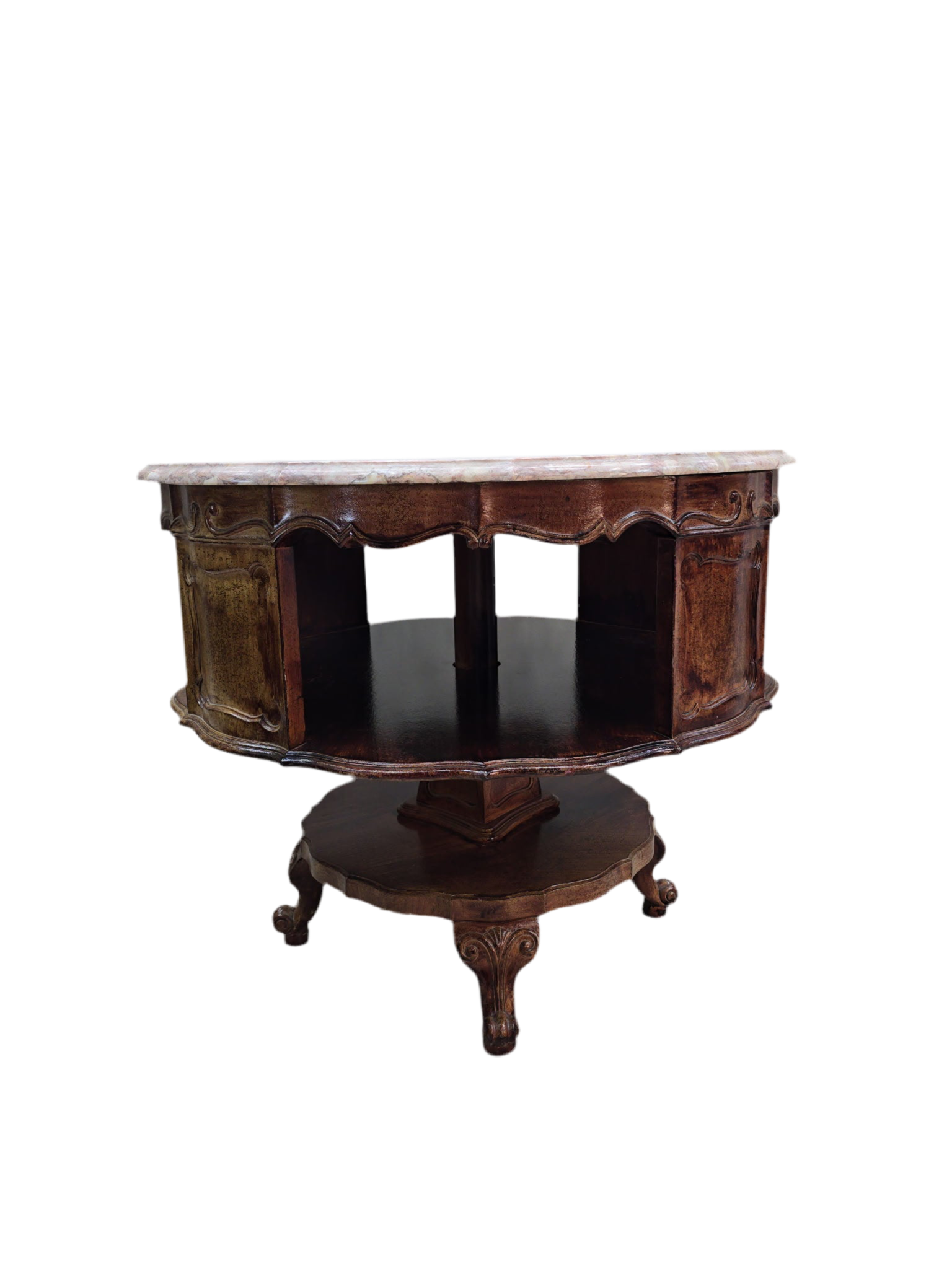 Antique French Victorian Rotating Pink Marble Top Drum Table