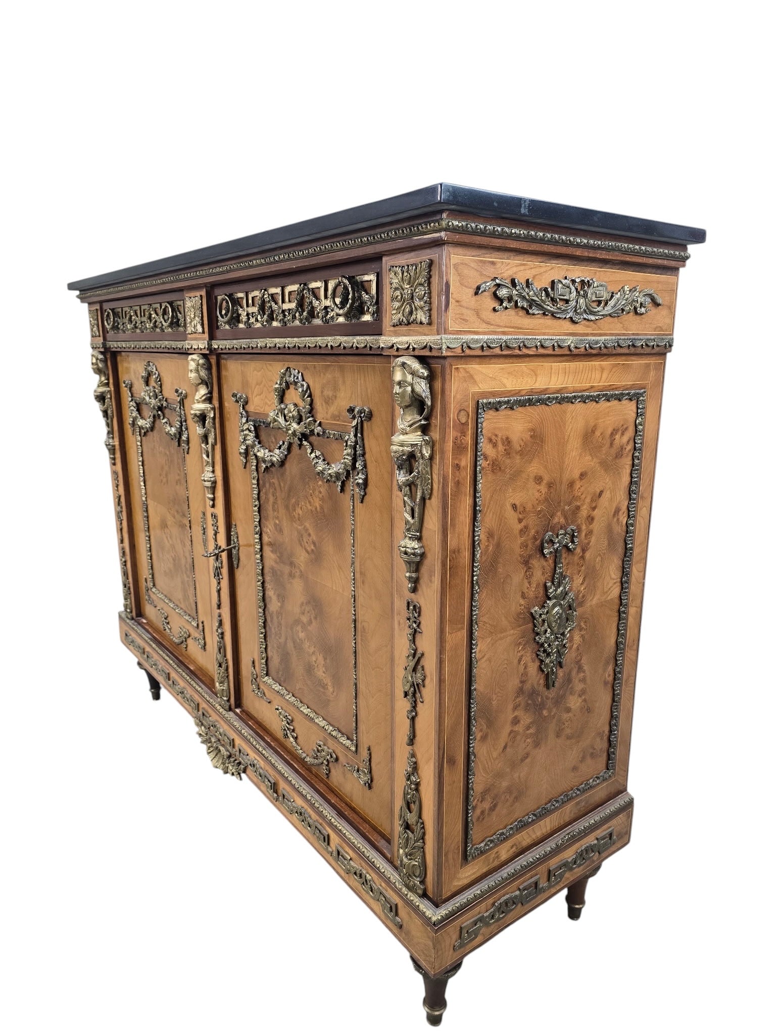 Antique French Louis XVI Style Bronze Mounted Marble Top Cabinet / Server