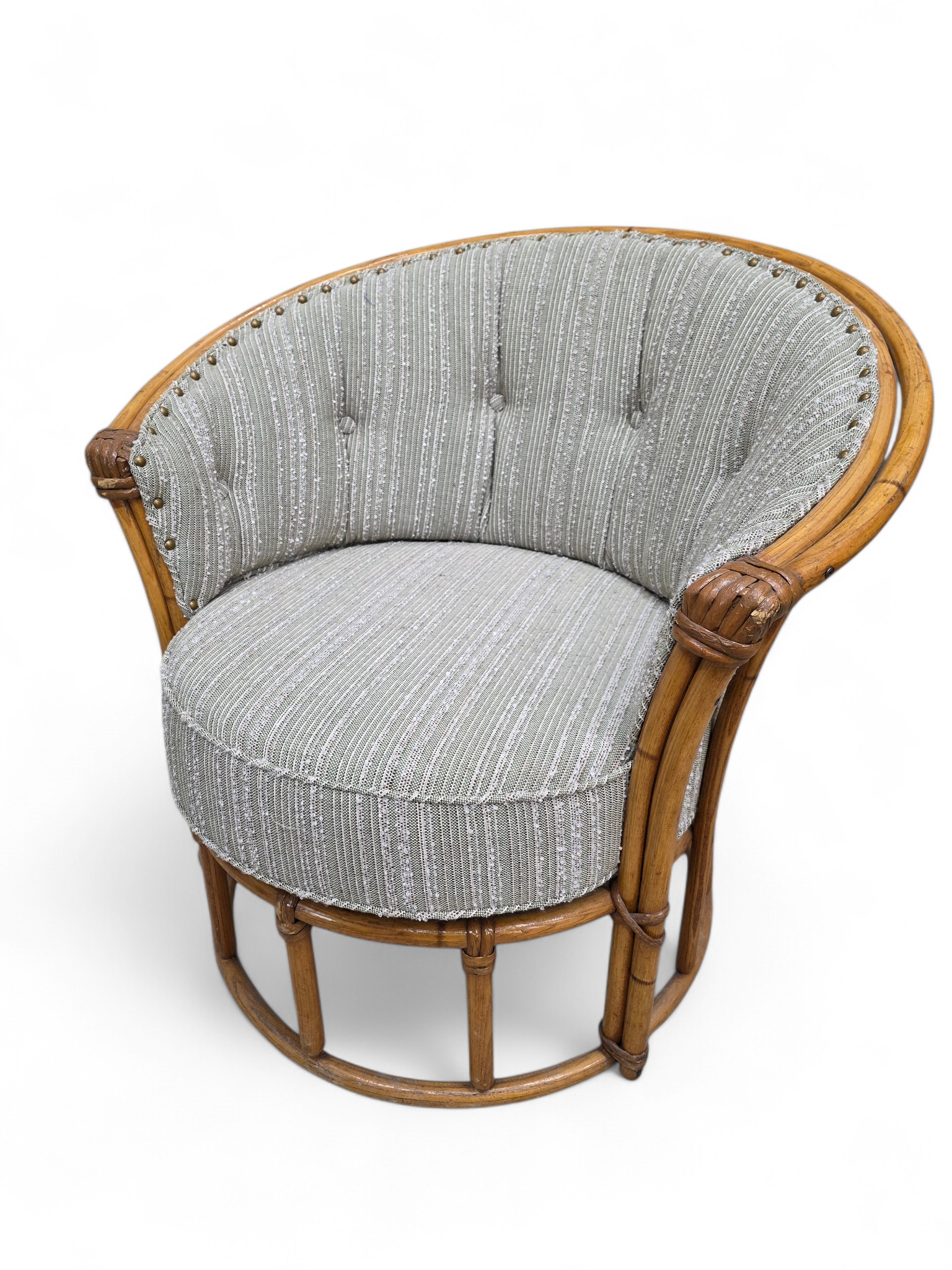 MCM Heywood Wakefield “Ashcraft” Bamboo Style Rattan Chairs Newly Reupholstered – Pair