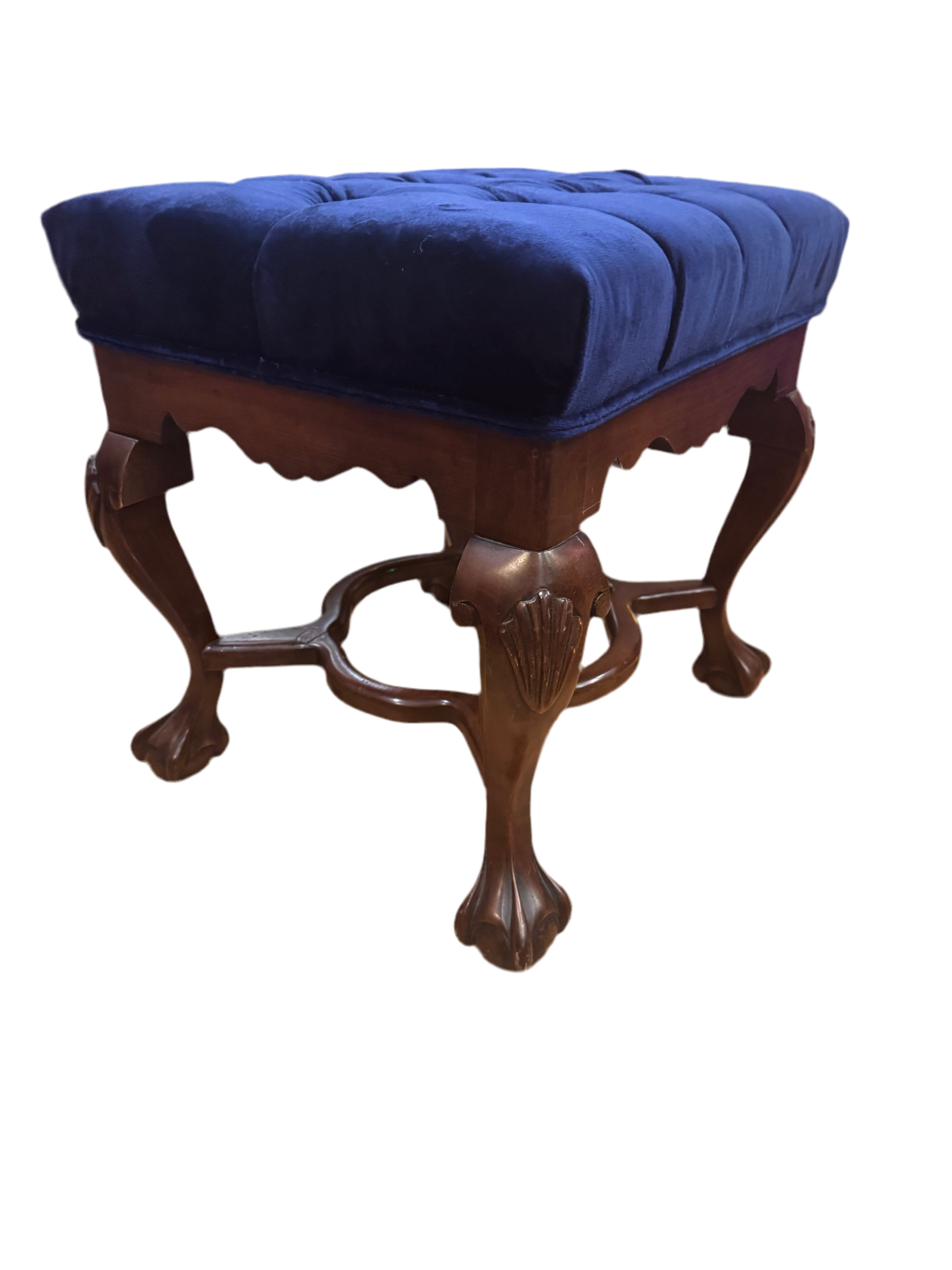 New - Antique Mahogany Chippendale Tufted Ottoman Newly Upholstered in Velvet